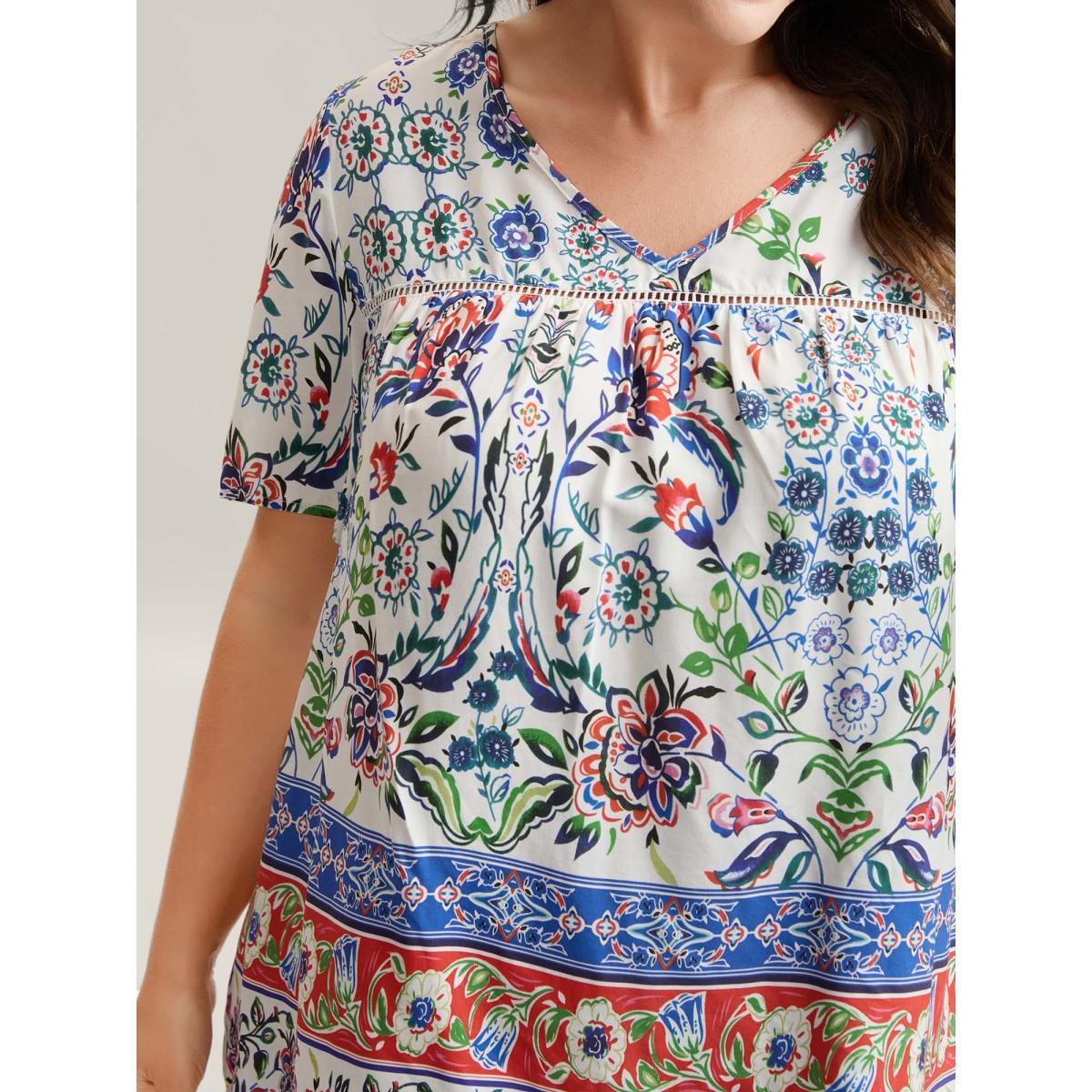 Plus Size Multicolor Rayon Floral Boho Print Lace Trim Blouse Women Short sleeve V-neck Everyday-Elegant Blouses BloomChic 18-20/2X Product Image