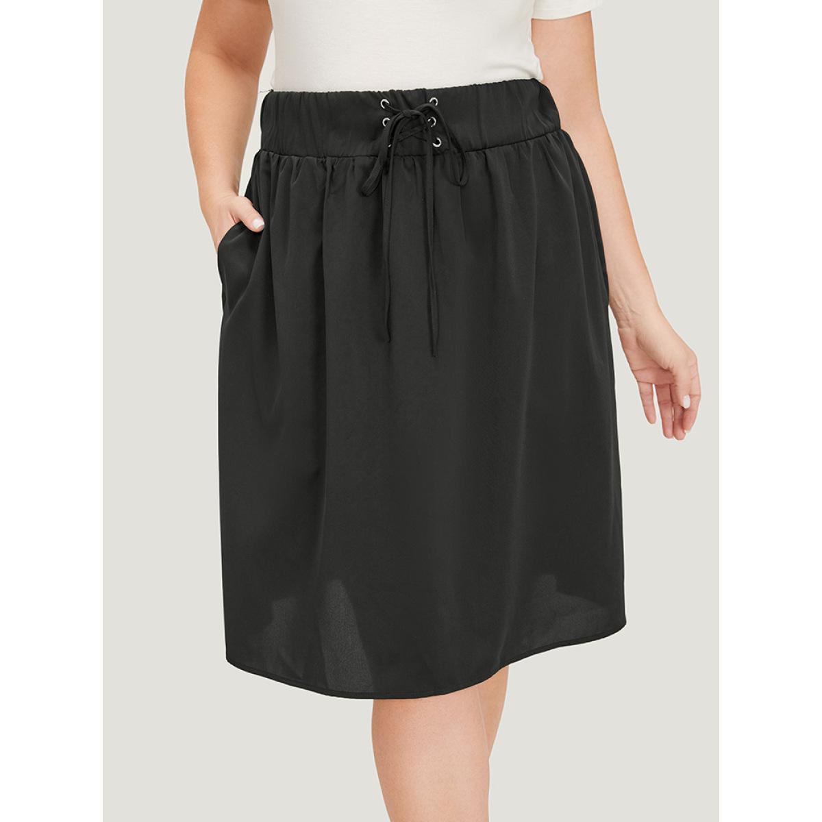 Plus Size Plain Pocket Lace Up Skirt Women Black Casual Plain No stretch Dailywear Skirts BloomChic 14-16/1X Product Image