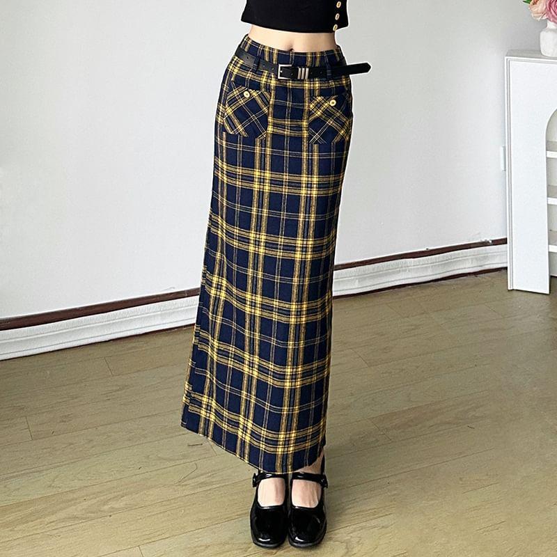 High Waist Plaid Maxi Pencil Skirt Product Image