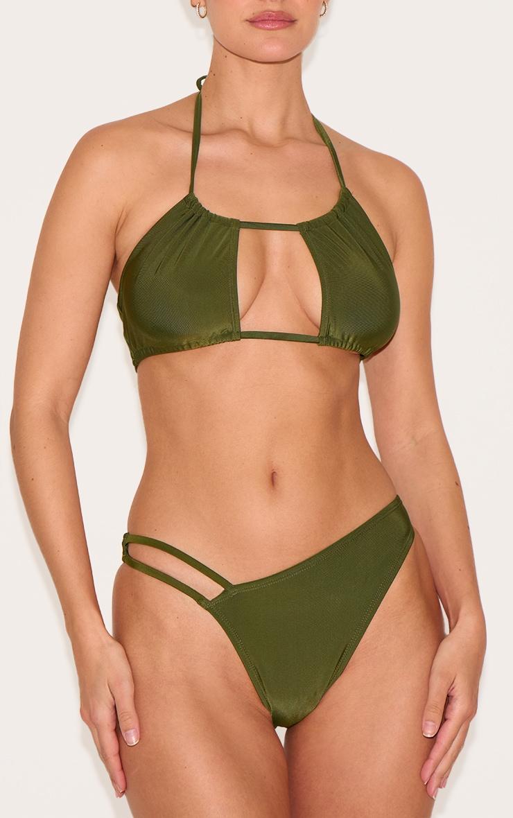 Khaki Ruched Halter Neck Bikini Top Product Image