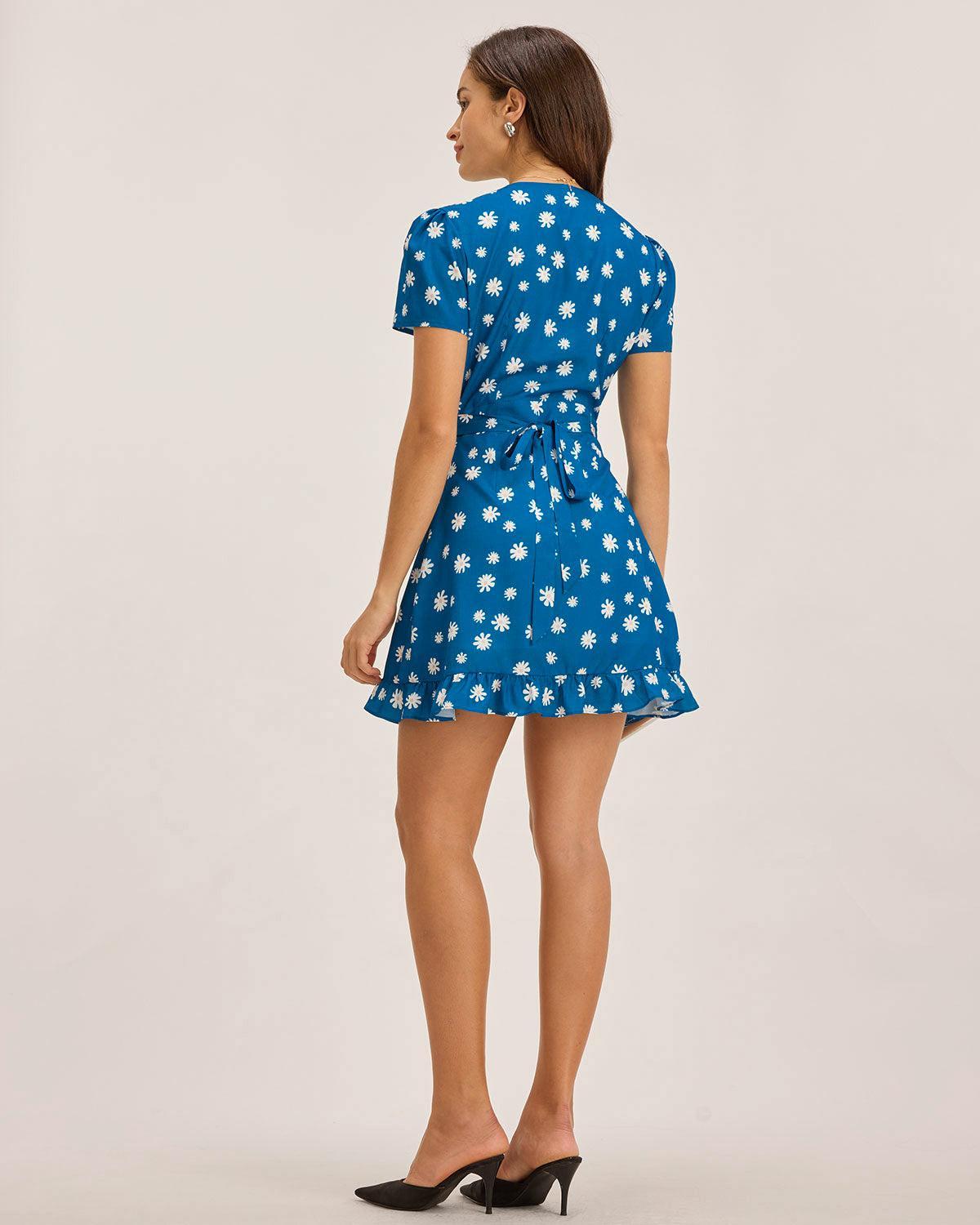 Blue Floral Wrap Mini Dress Product Image
