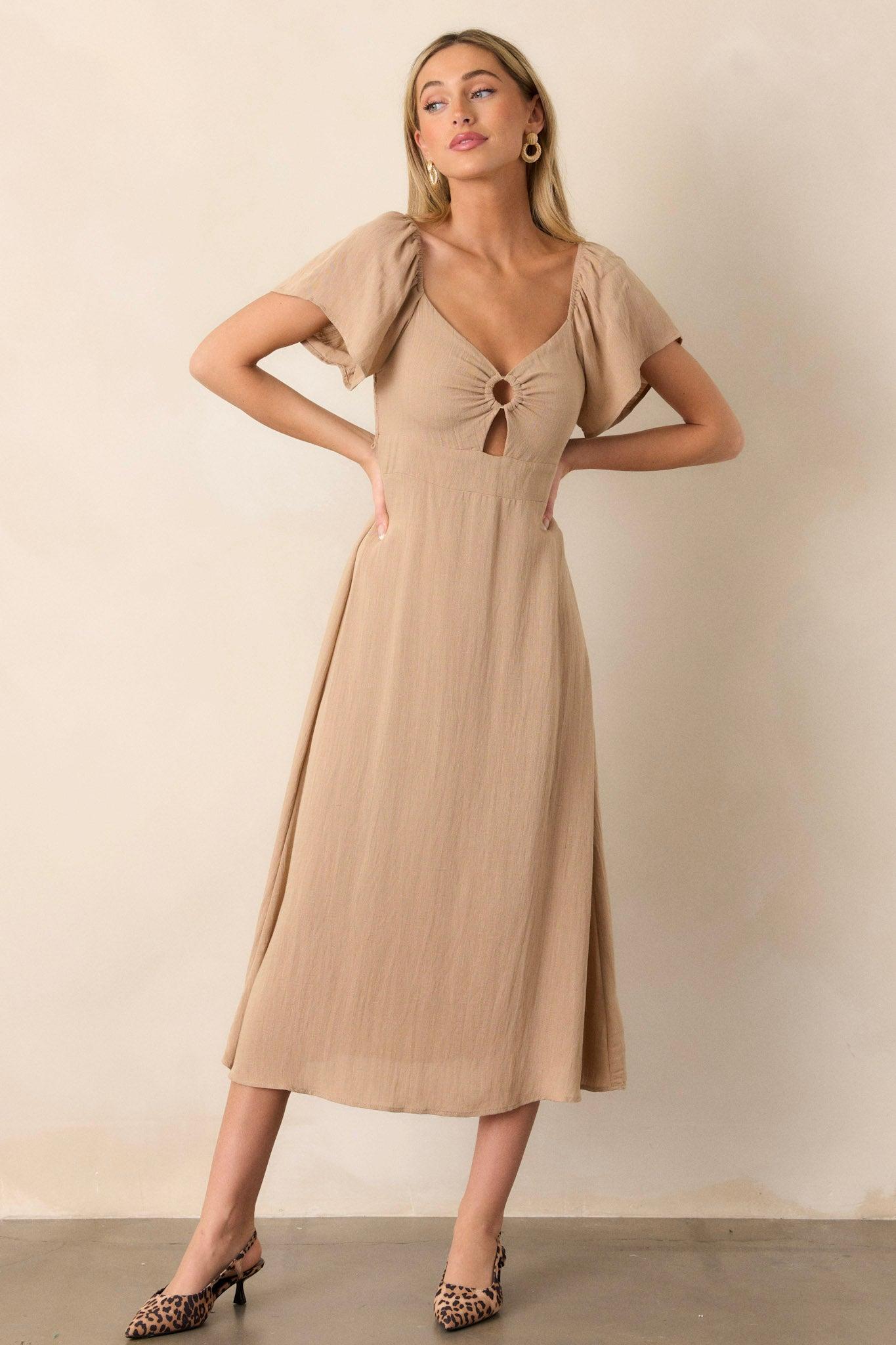 Boho Beauty Tan Puff Sleeve Midi Dress Product Image