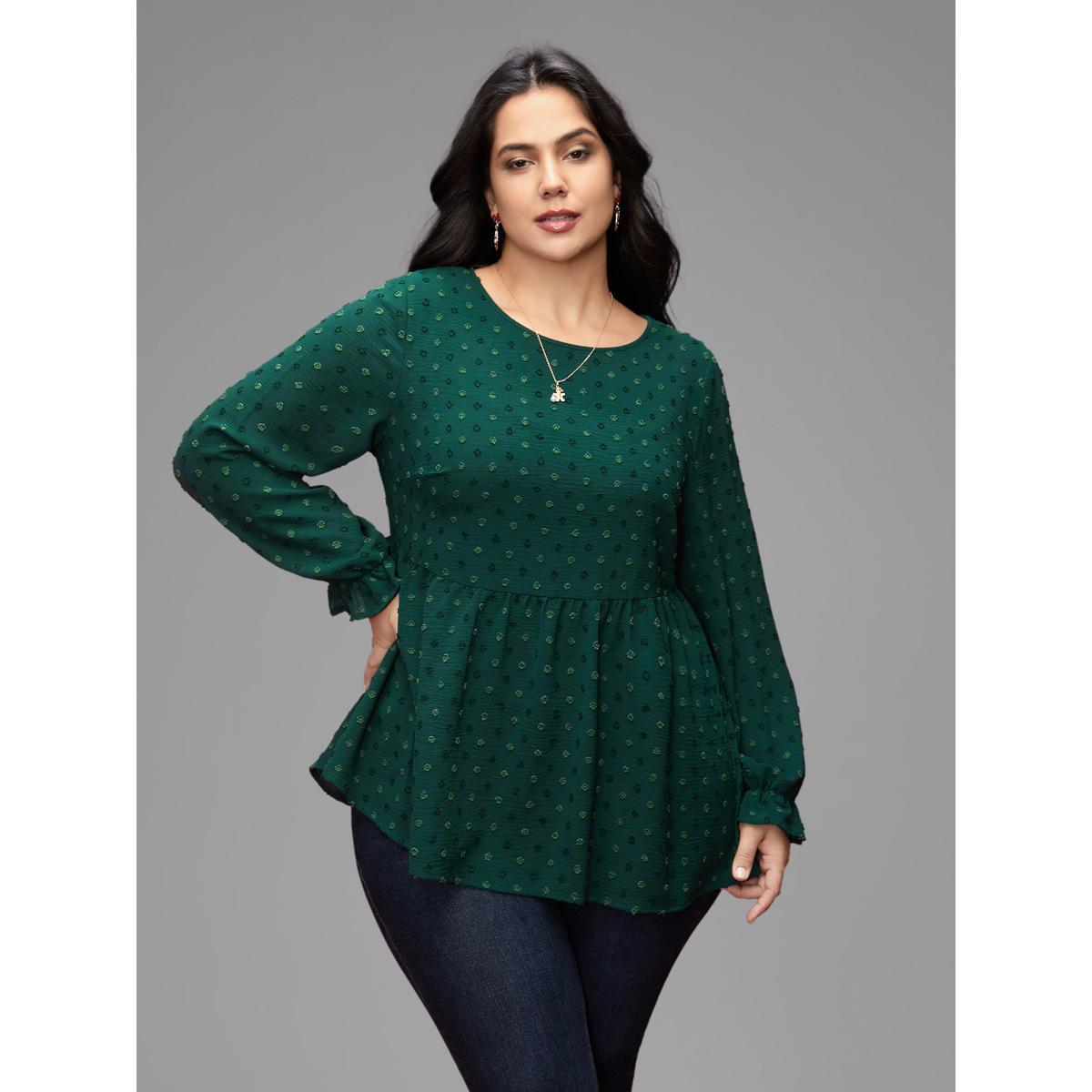 Plus Size Rust Textured Dot Elastic Cuffs A-line Blouse Women Casual Long Sleeve Round Neck Everyday Blouses BloomChic 12/L Product Image