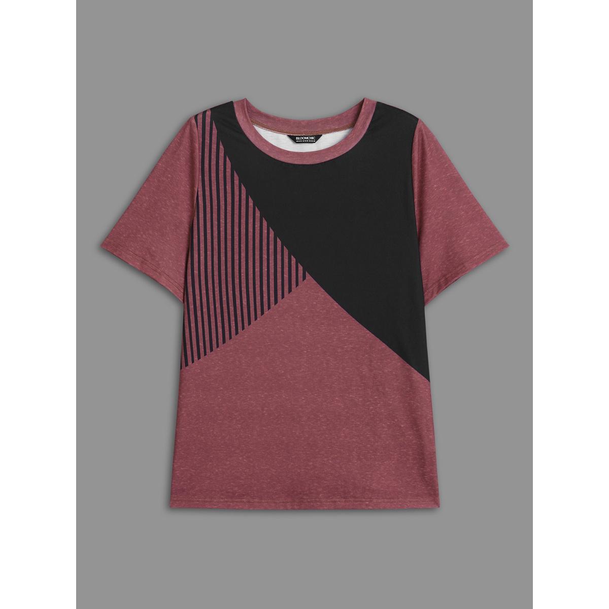 Plus Size Striped Print Contrast Stretchy T-Shirt Russet Women Casual Contrast Round Neck Everyday T-shirts BloomChic 10/M Product Image