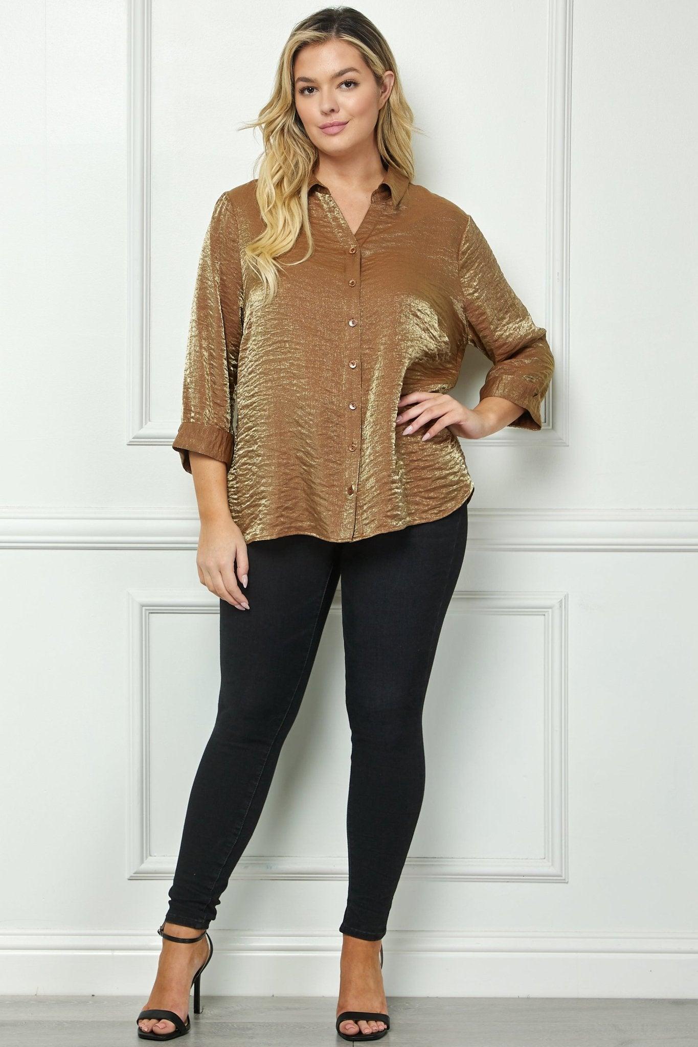 Cognac 3/4 Length Notch Sleeve Johnny Collar Button-Front Top - Plus Product Image