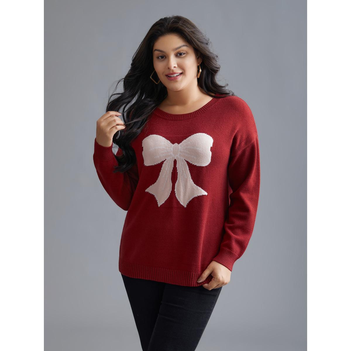 Plus Size Embroidered Bow Tie Drop Shoulder Pullover Deepred Women Casual Loose Long Sleeve Round Neck Everyday Pullovers BloomChic 22-24/3X Product Image