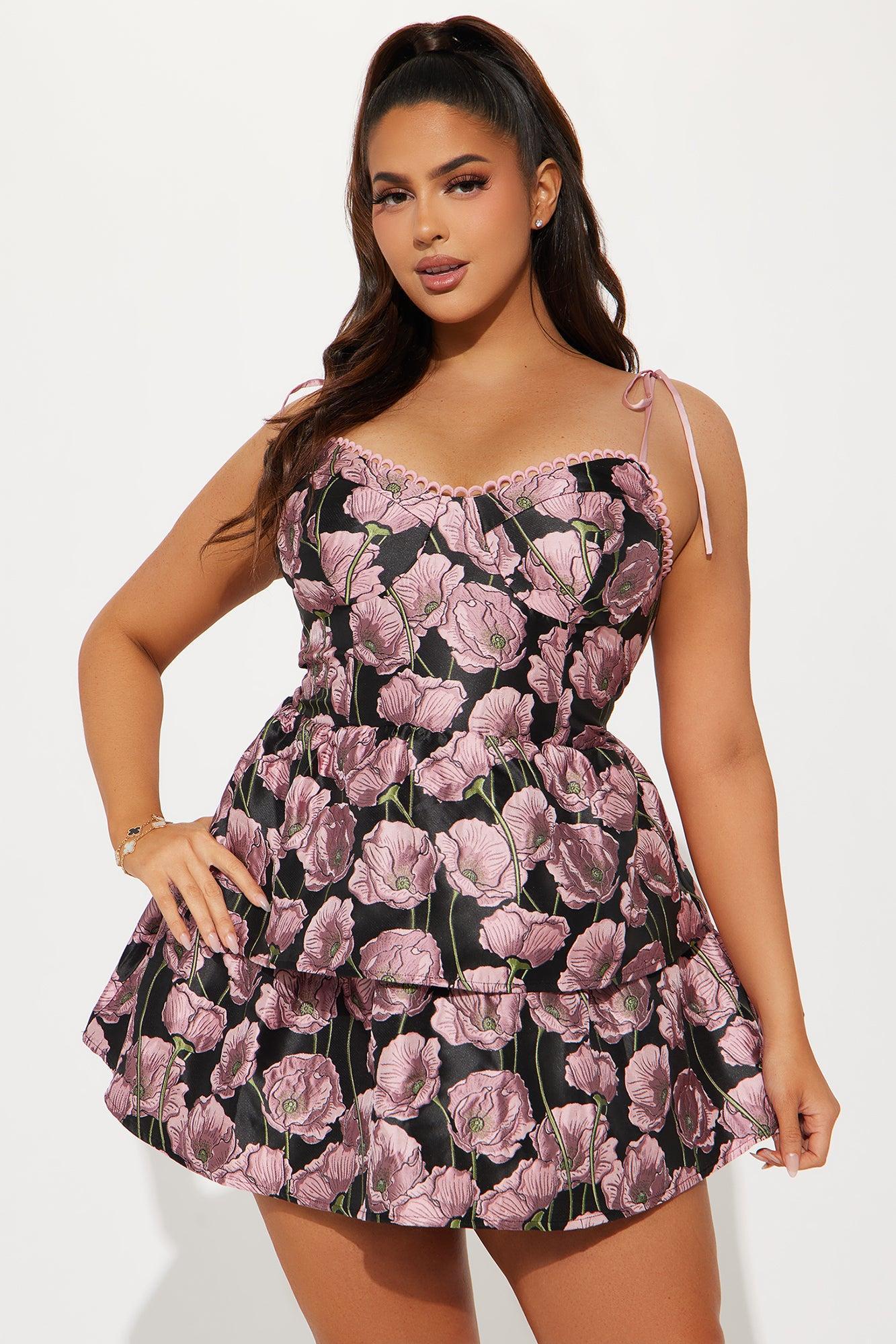 Beautiful Bloom Jacquard Tier Mini Dress - Black/Pink Product Image