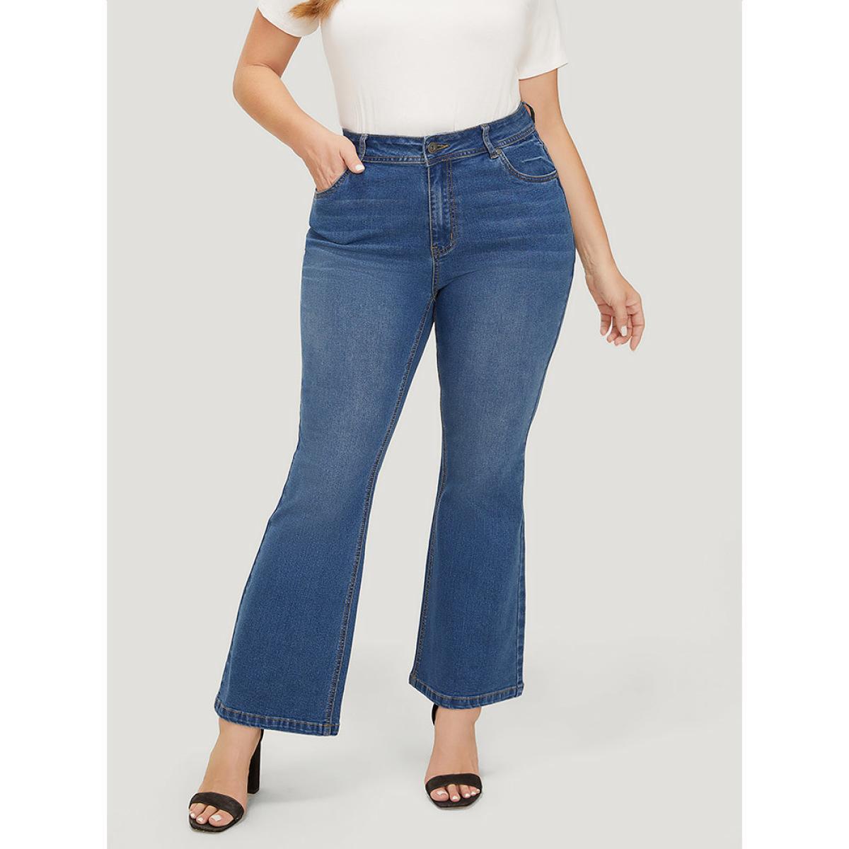Plus Size Flare Leg Very Stretchy Medium Wash Jeans Women Blue Casual Plain High stretch Pocket Jeans BloomChic 20/2X Product Image