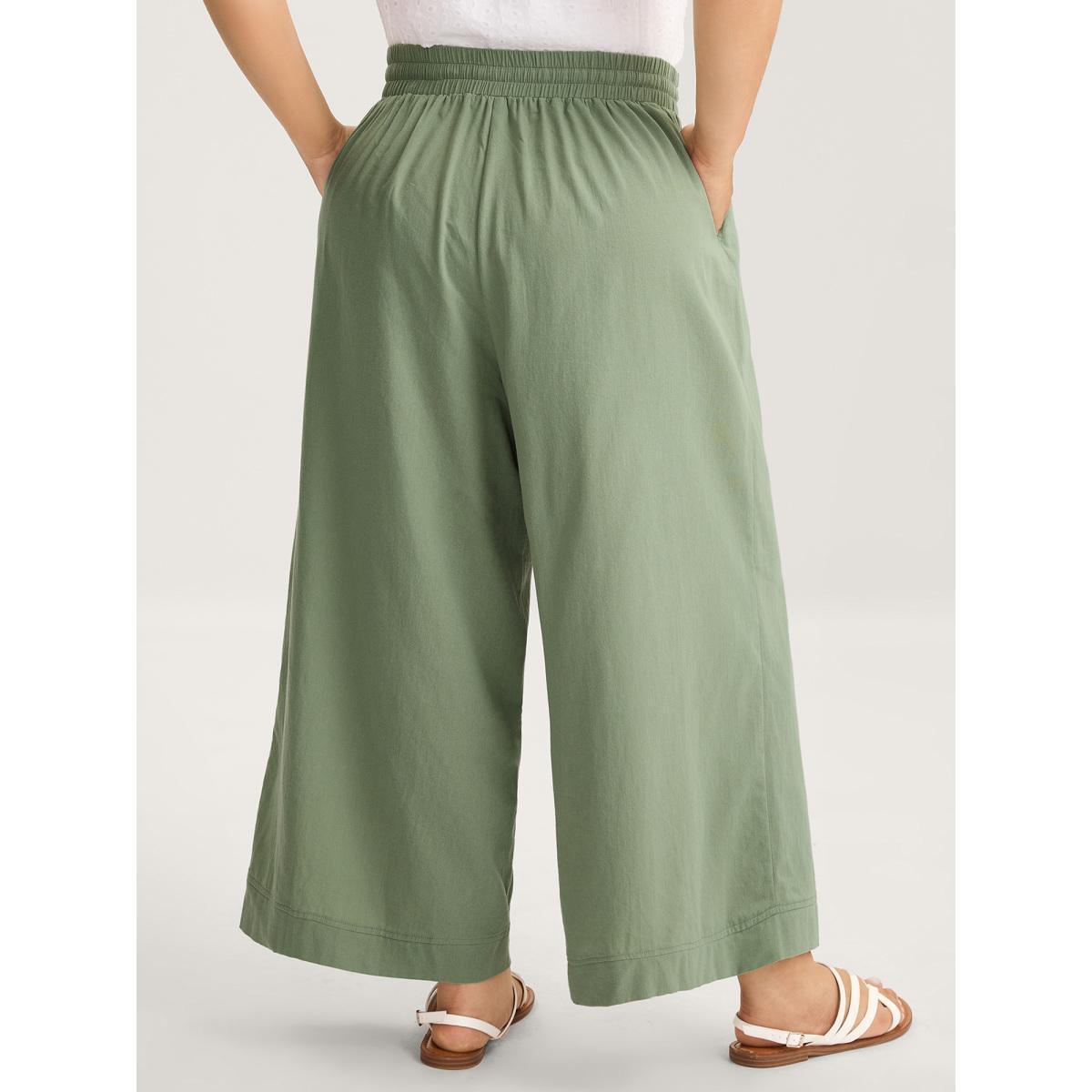 Plus Size Shirred Drawstring Solid Wide-Leg Pants Women Mint Casual Wide Leg Mid Rise Everyday-Casual Pants BloomChic 30/6X Product Image