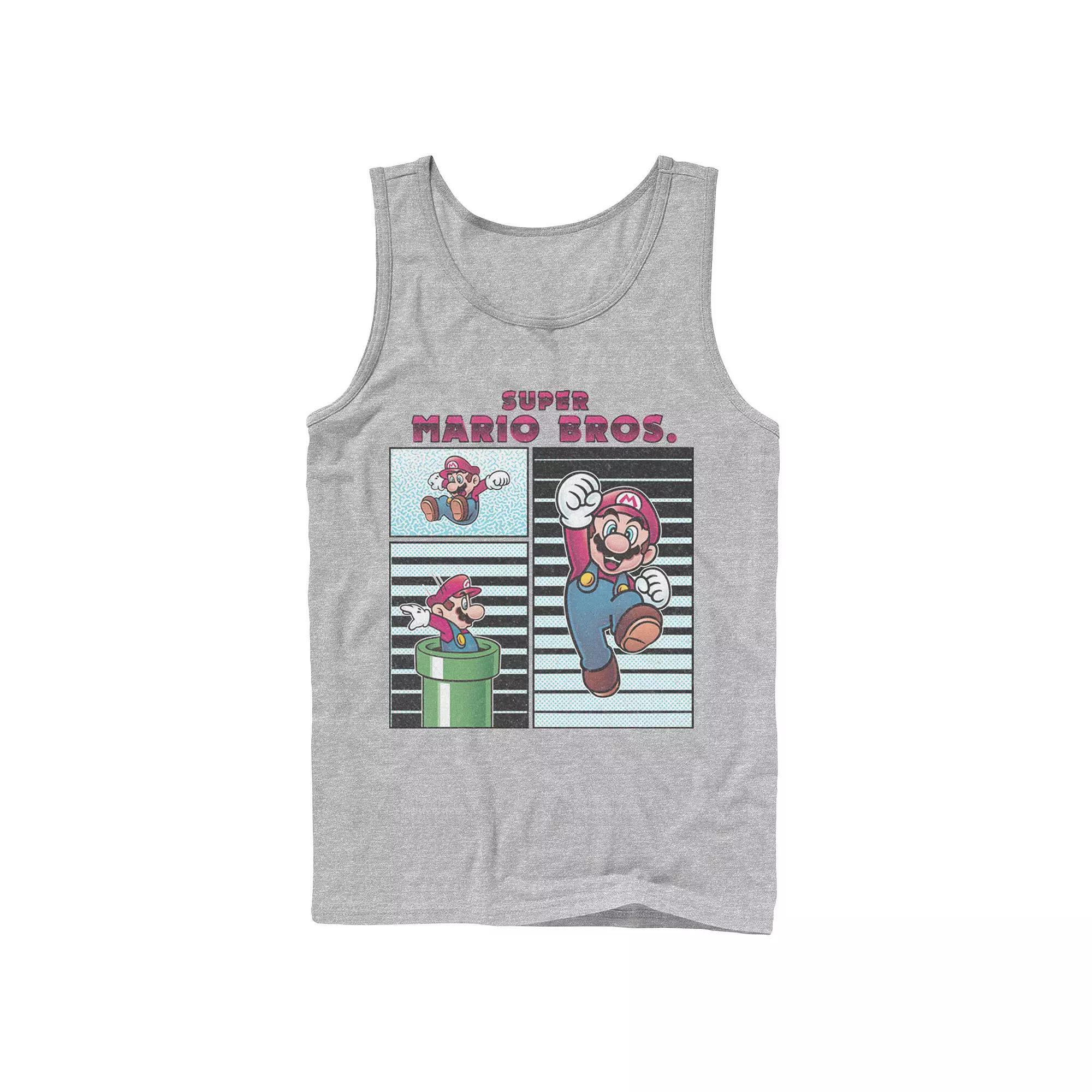 Men's Super Mario Panels Mario Jumping Warp Pipe Stripes Tank Top, Size: Large, Athletic Grey Product Image