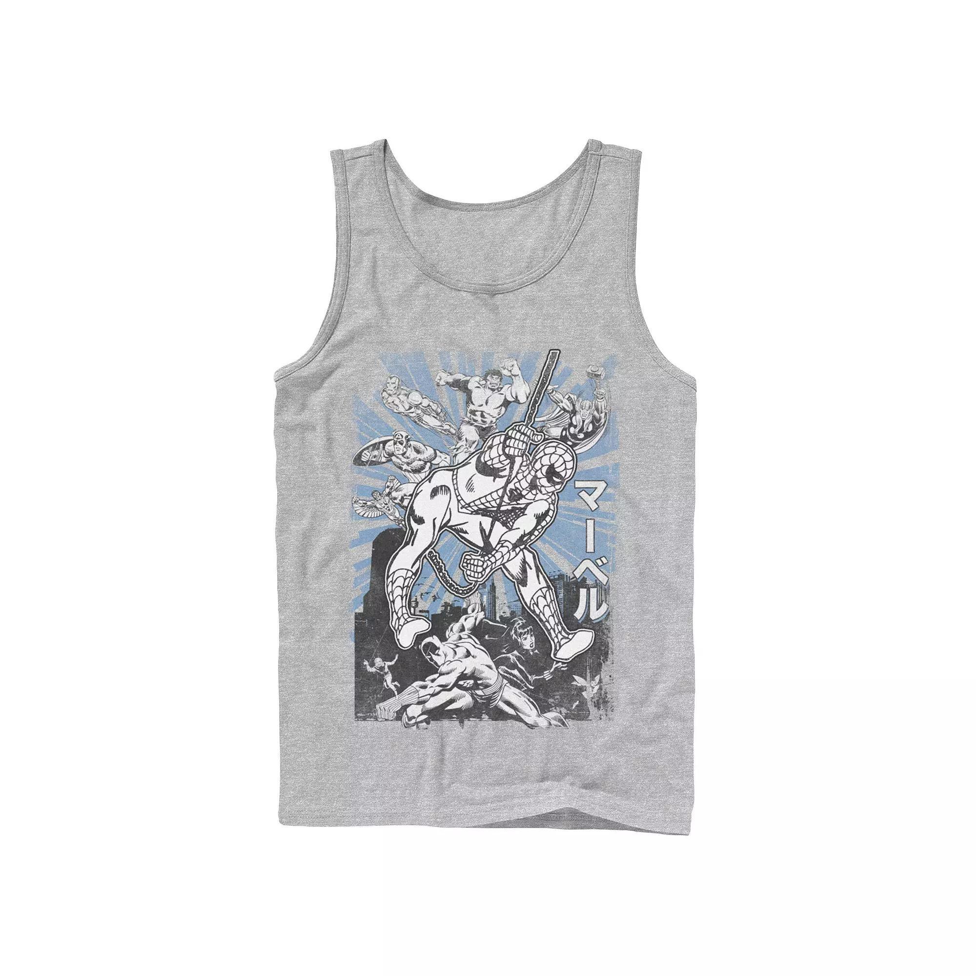 Men's Marvel Avengers Kanji Group Shot Spiderman Tank Top, Size: Large, Athletic Grey Product Image