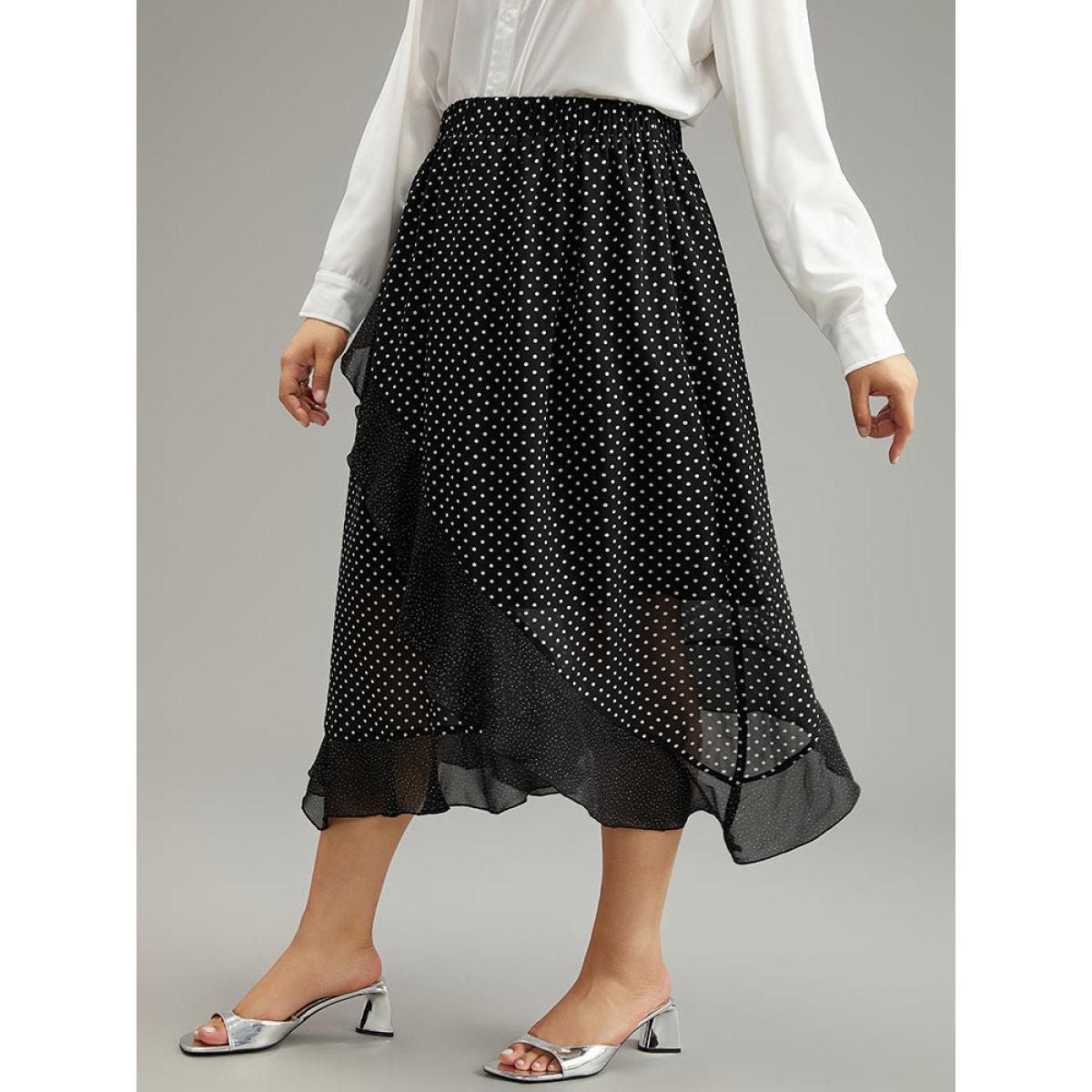 Plus Size Polka Dot Ruffles Elastic Waist Mesh Patchwork Skirt Women Black Elegant See through No stretch Dailywear Skirts BloomChic 28/5X Product Image