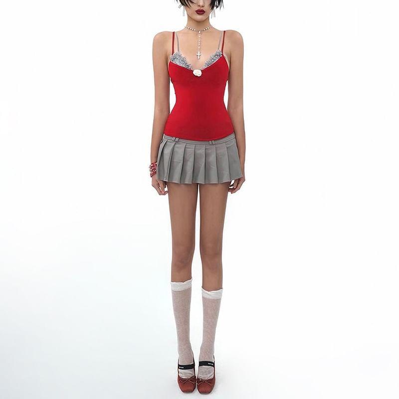Set: V-Neck 3D Flower Plain Slim-Fit Camisole Top + Ruffled-Trim Bra Top Product Image