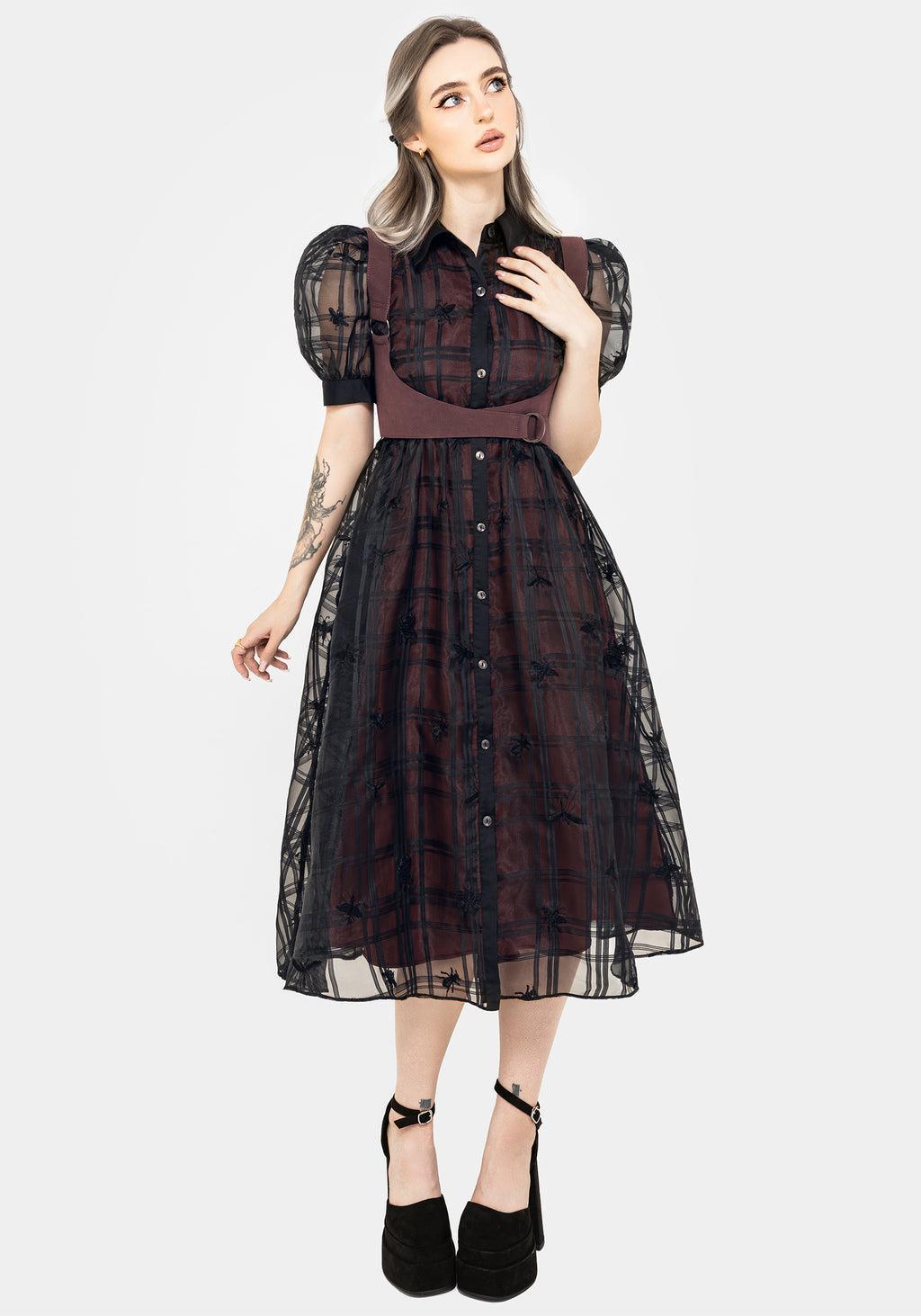 Sedona Organza Check Embroidered Puff Sleeve Midi Shirt Dress Product Image