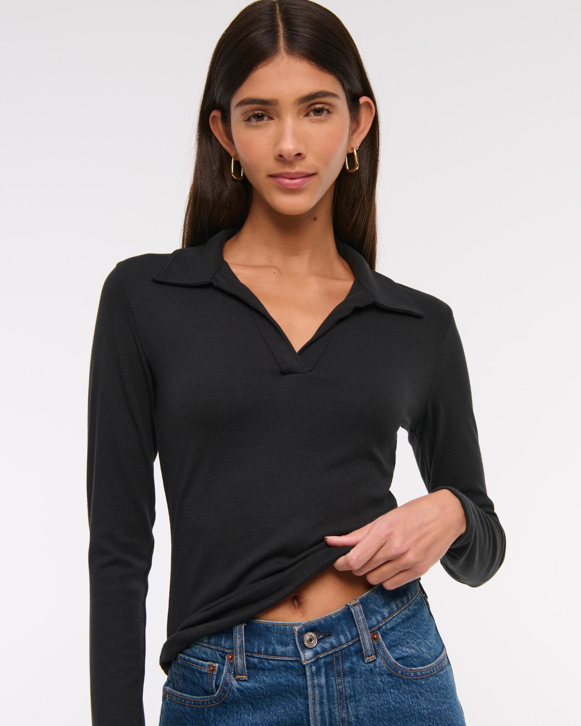 Long-Sleeve V-Neck Collared Top Product Image