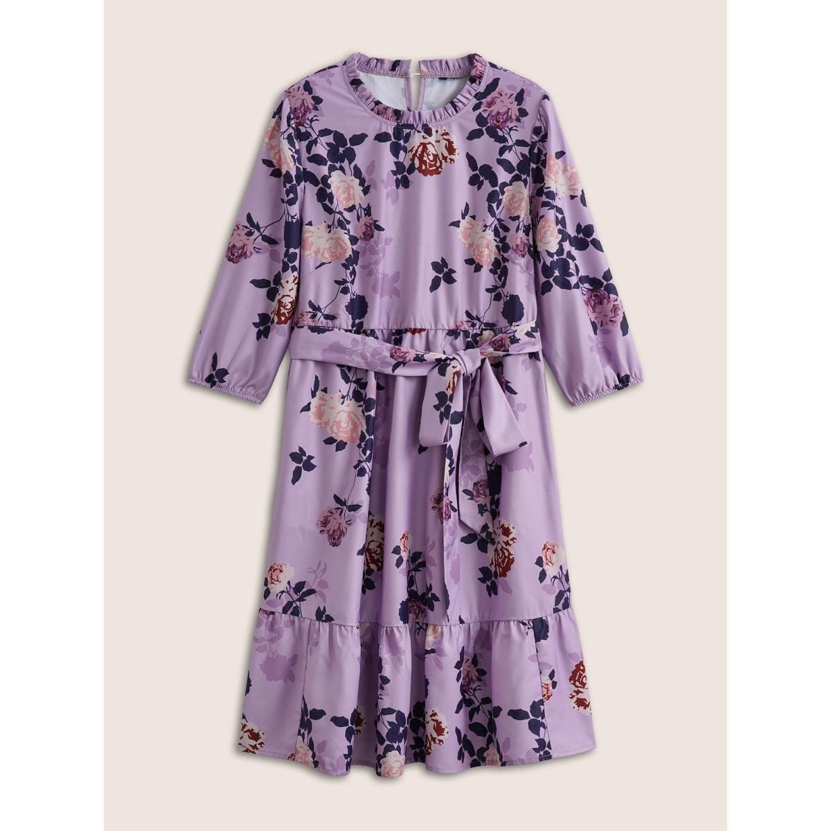 Plus Size Floral Print Belted Pocket Frill Trim Dress Lilac Women Elegant Non Round Neck Elbow-length sleeve Curvy Knee Dress BloomChic 12/L Product Image