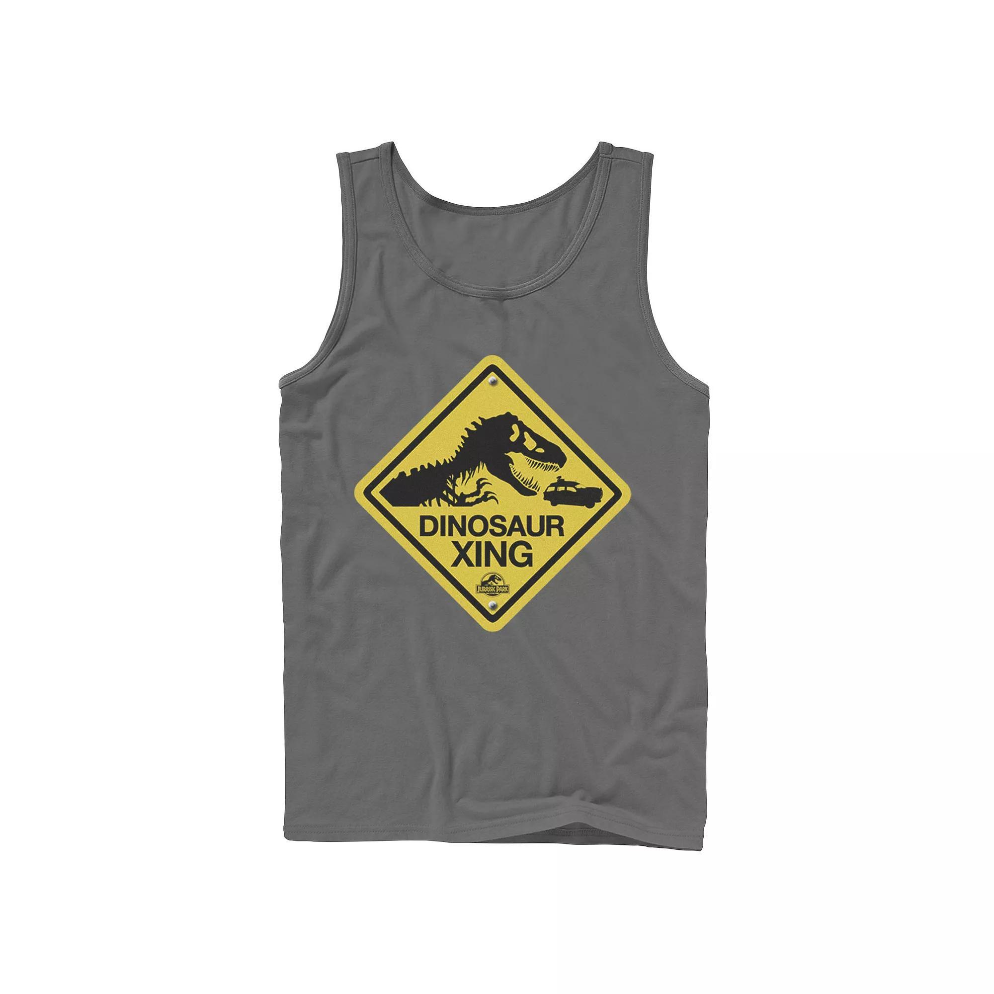 Men's Jurassic Park Dinosaur Crossing Yellow Sign Tank Top, Size: Small, Grey Product Image