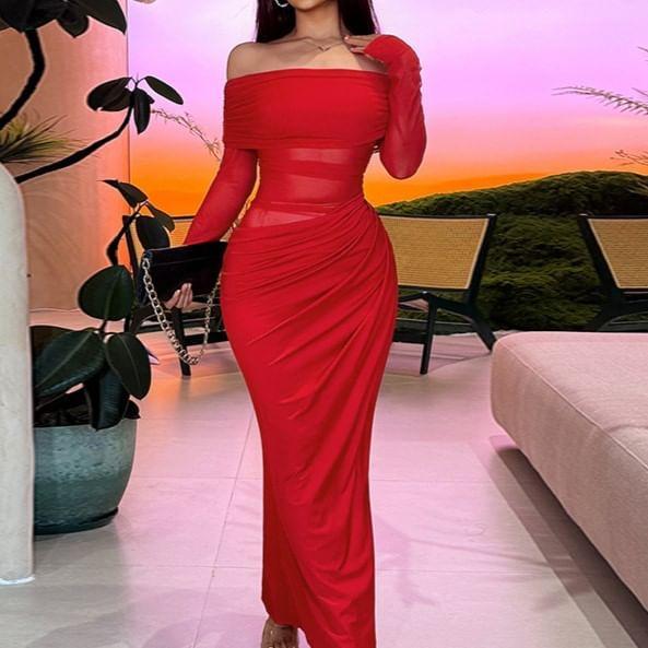 Off-Shoulder Long-Sleeve Two-Tone Shirred Midi Mermaid Dress Product Image