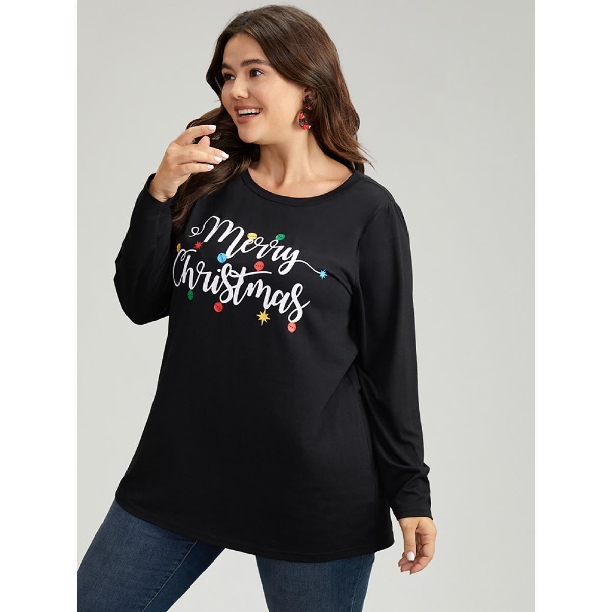 Plus Size Christmas Letter Print Crew Neck T-shirt Black Women Casual Printed Christmas Festival-Christmas T-shirts BloomChic 12/L Product Image