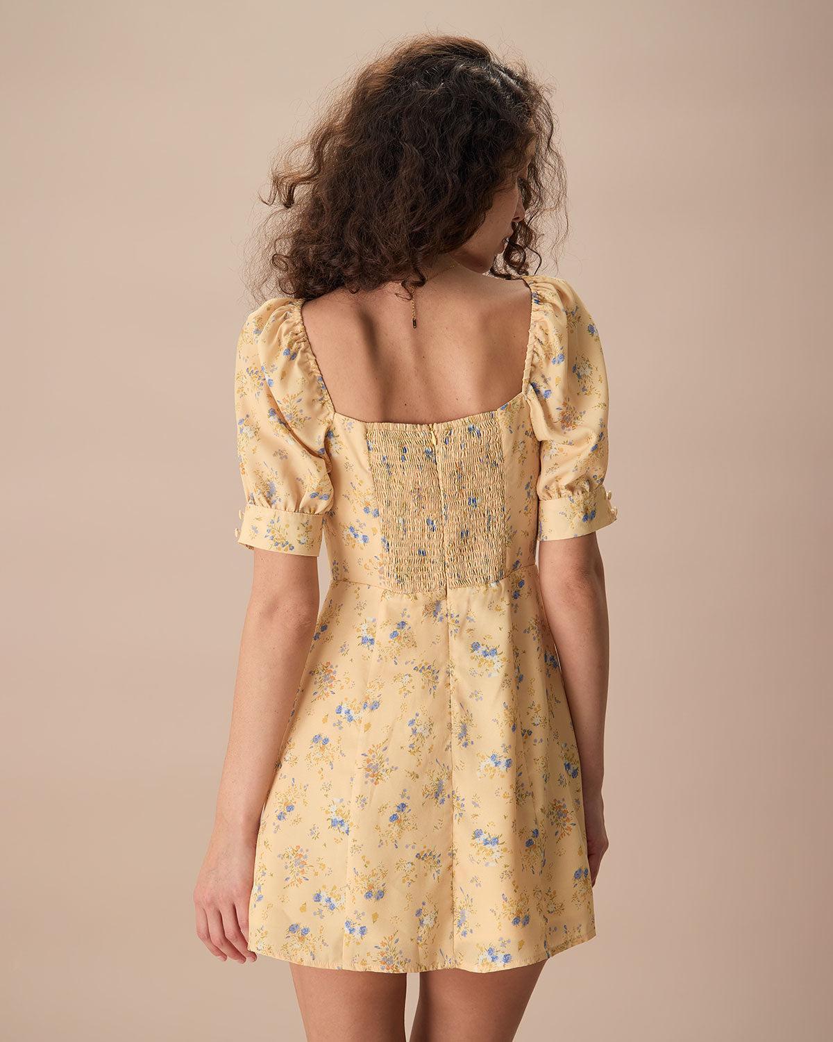 The Yellow Sweetheart Neck Floral Mini Dress Product Image