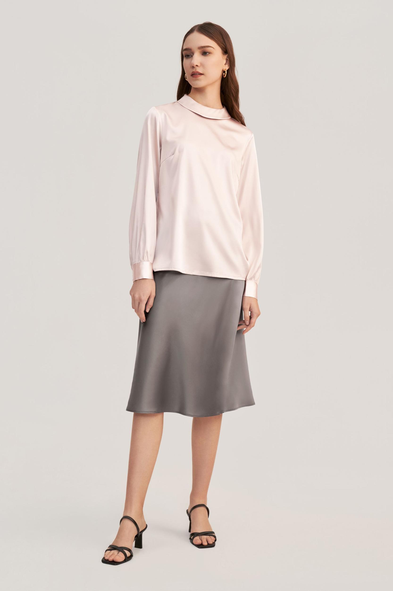 Stand Collar Long Sleeves  Silk Blouse Product Image