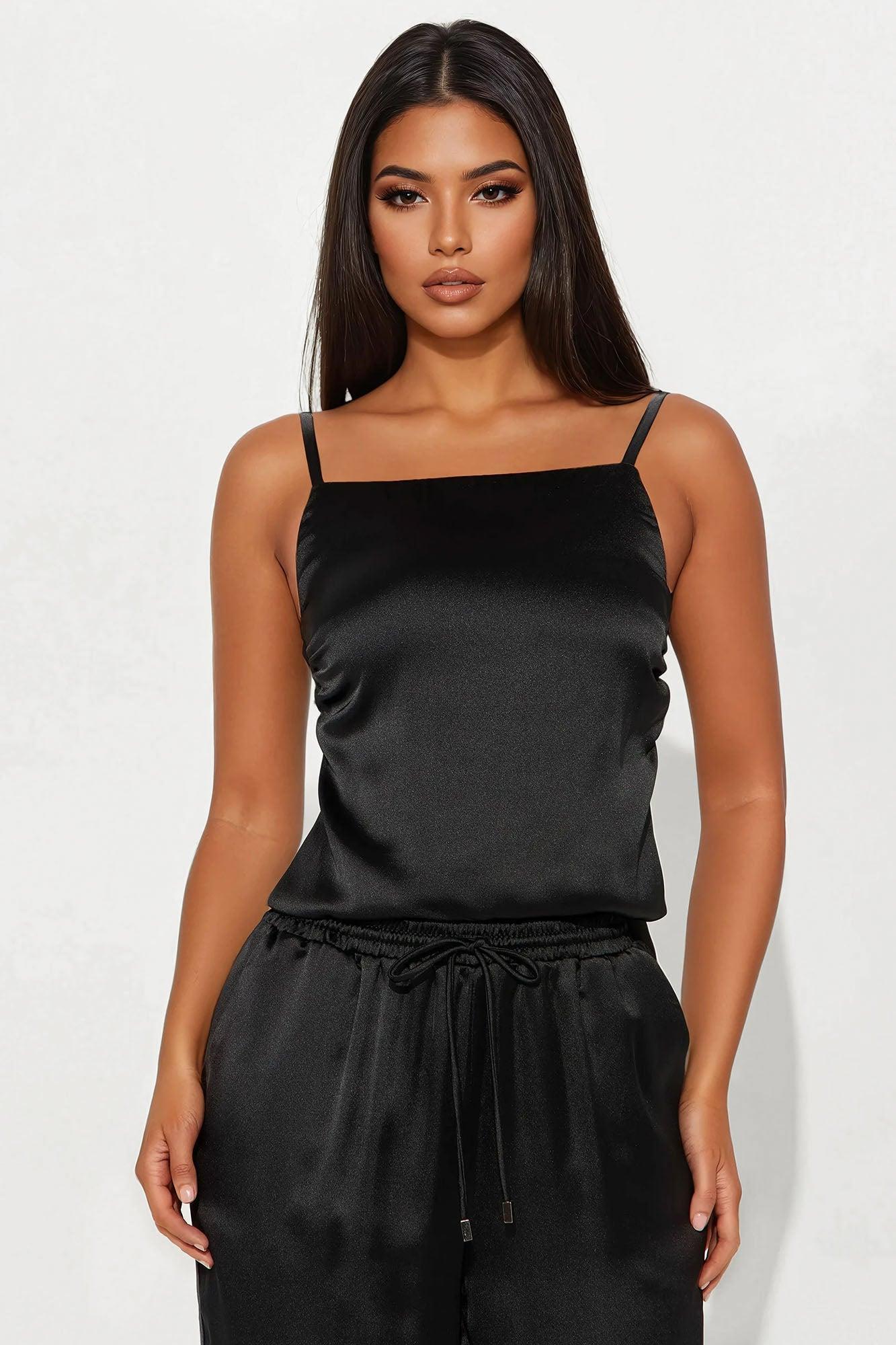 Take A Look Satin Wide Leg Pant Set - Black Product Image