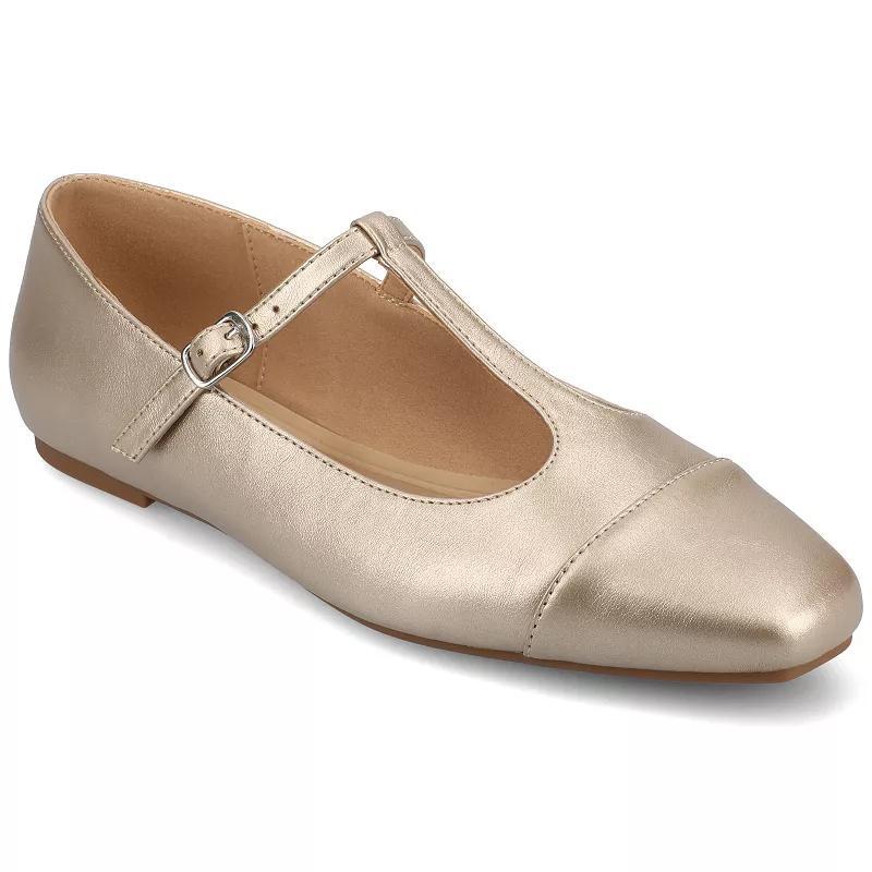 Journee Womens Theah Medium and Wide Width T-Strap Cap Toe Mary Jane Dress Flats Beige Product Image