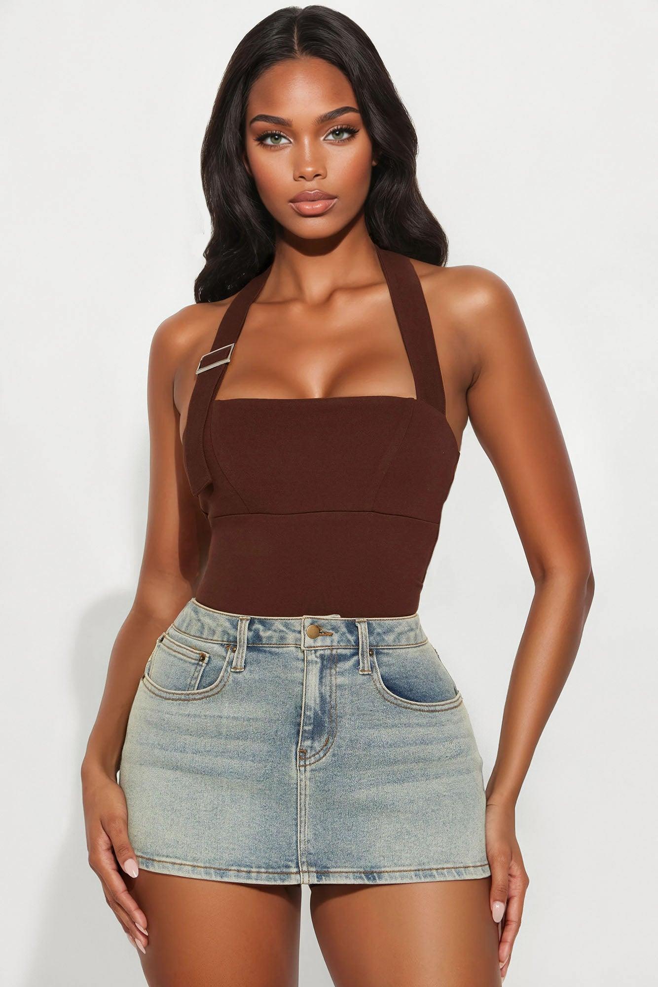 In The Mix Halter Ponte Bodysuit - Brown Product Image