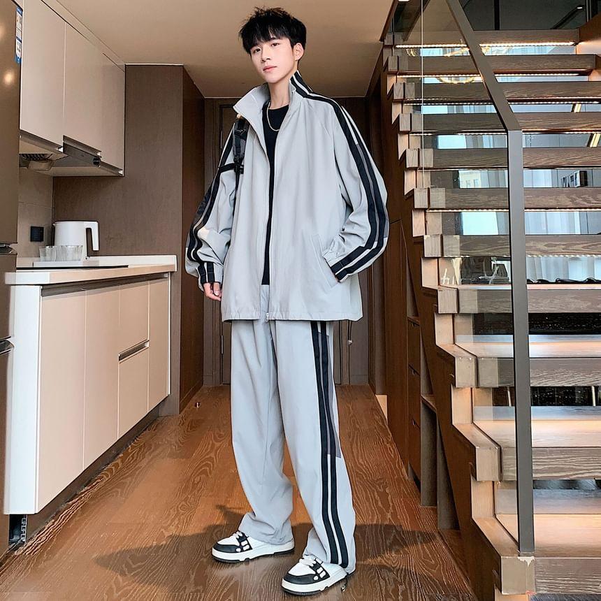 Set: Stand Collar Striped Zip Jacket + Mid Rise Striped Sweatpants Product Image