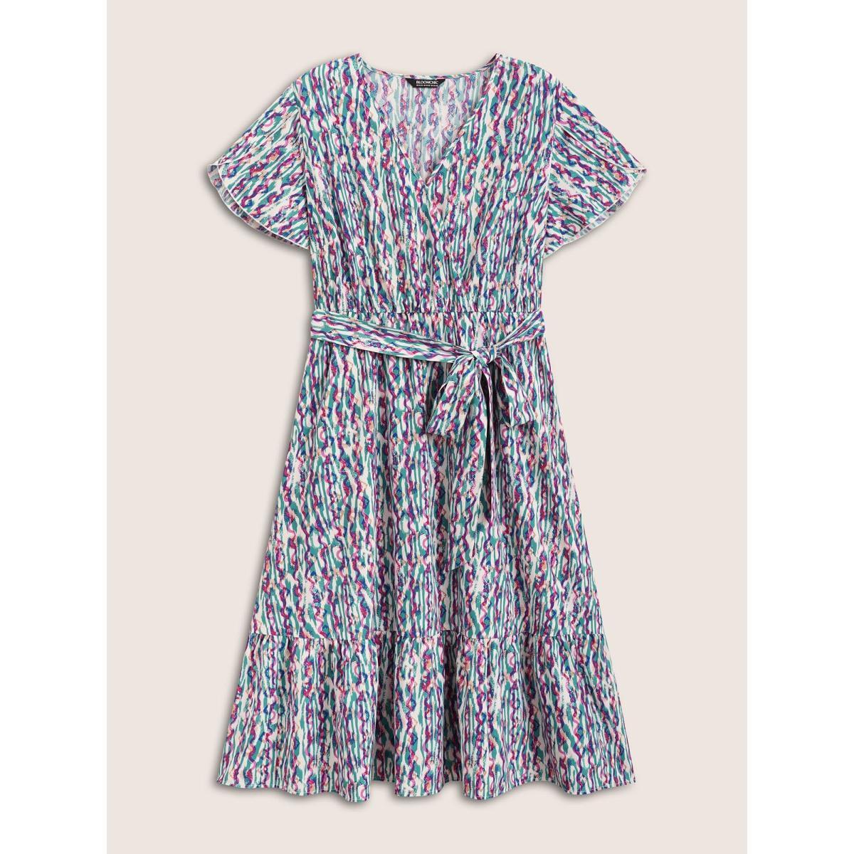 Plus Size V Neck Striped Belted Petal Sleeve Dress Turquoise Women Resort Belted V-neck Short sleeve Curvy BloomChic 28/5X Product Image