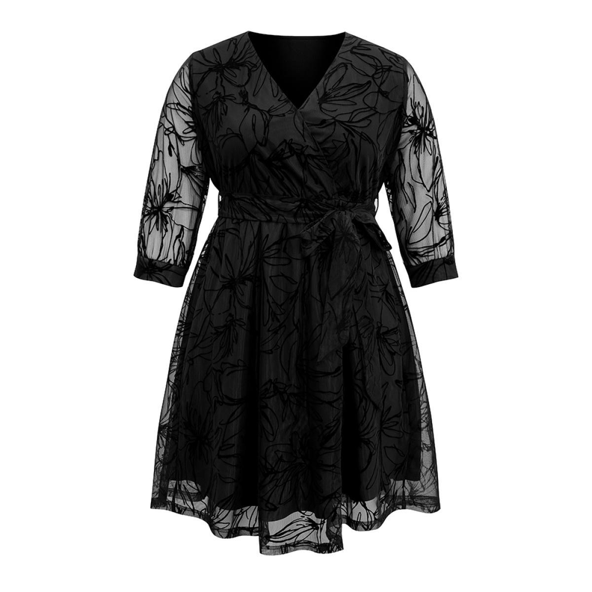 Plus Size Floral Flocked Tulle Belted Dress Black Women Glamour Wrap Overlap Collar Elbow-length sleeve Curvy Knee Dress BloomChic 22-24/3X Product Image