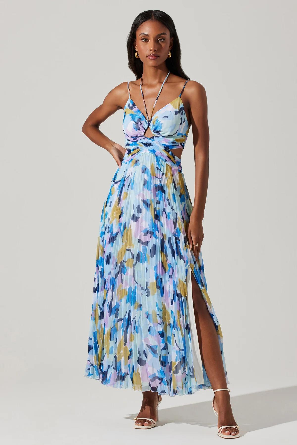 Aquata Floral Pleated Maxi Dress - Aqua Blue Multi Product Image