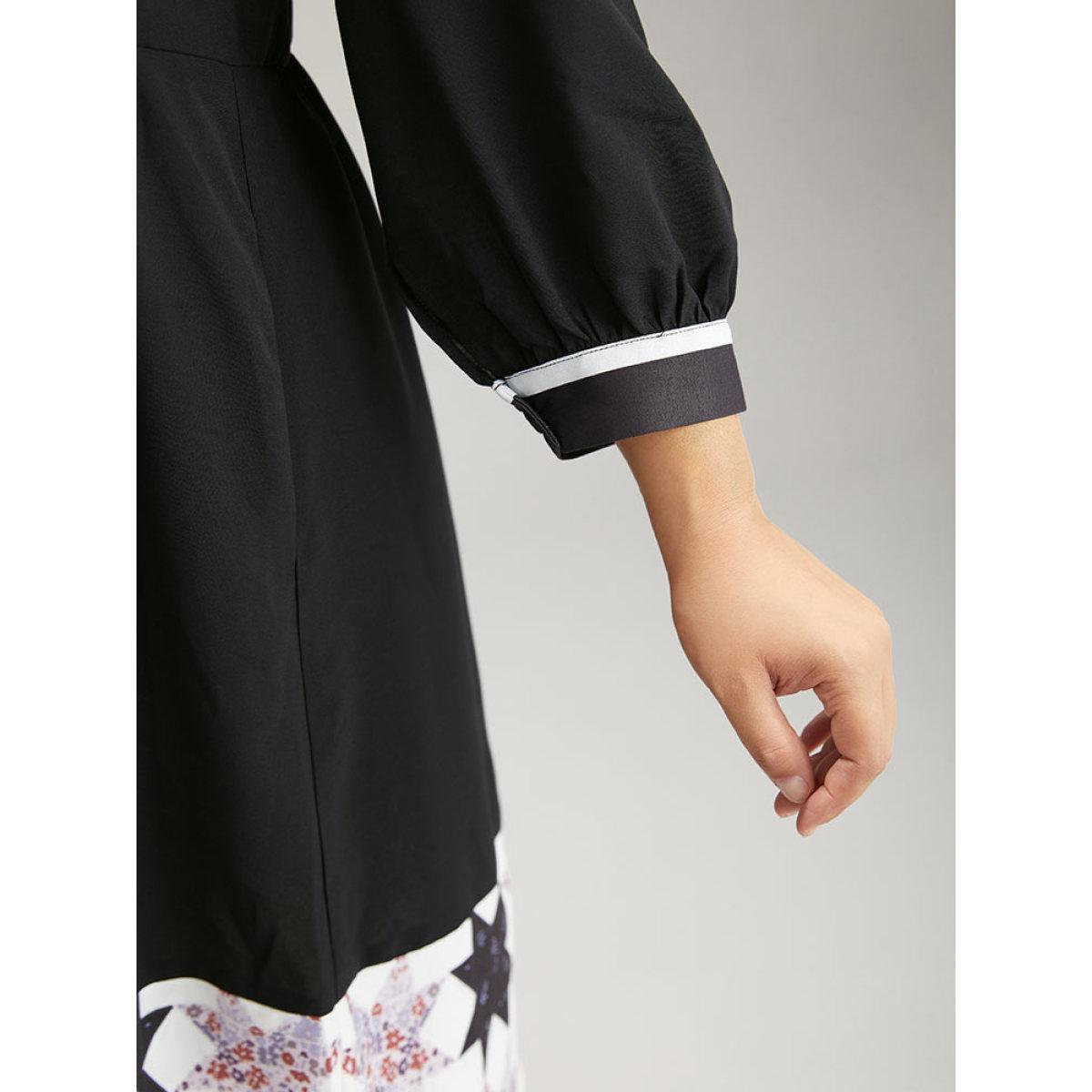 Plus Size Geometric Colorblock Pocket Gathered Dress Black Women Vacation Printed V-neck Elbow-length sleeve Curvy Midi Dress BloomChic 12/L Product Image