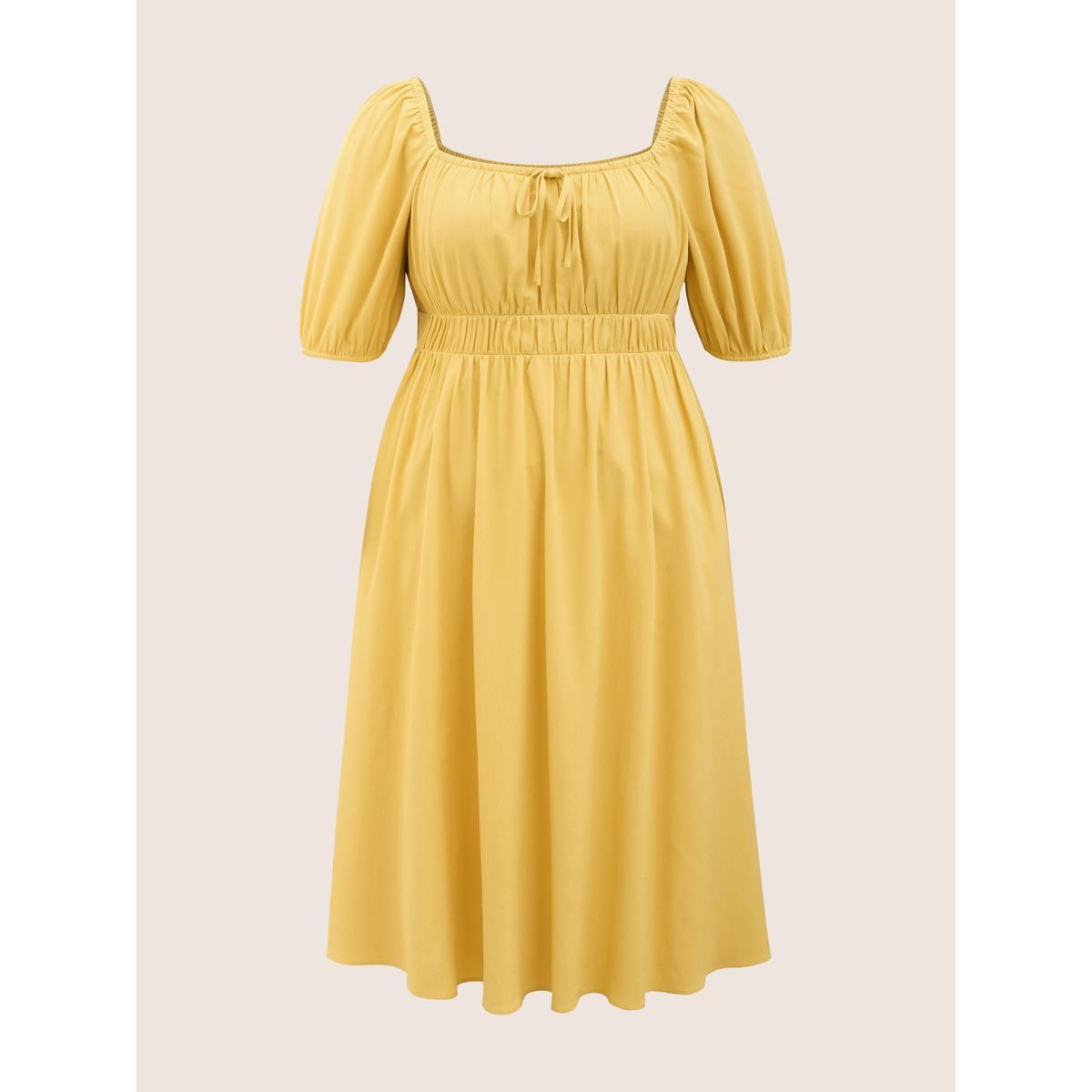 Plus Size Plain Lantern Sleeve Drawstring Square Neck Dress Yellow Women Elegant Non Square Neck Short sleeve Curvy Midi Dress BloomChic 26/4X Product Image