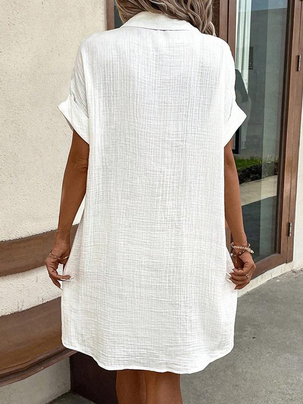 Loose Short Sleeves Buttoned Pockets Lapel Mini Dresses Product Image