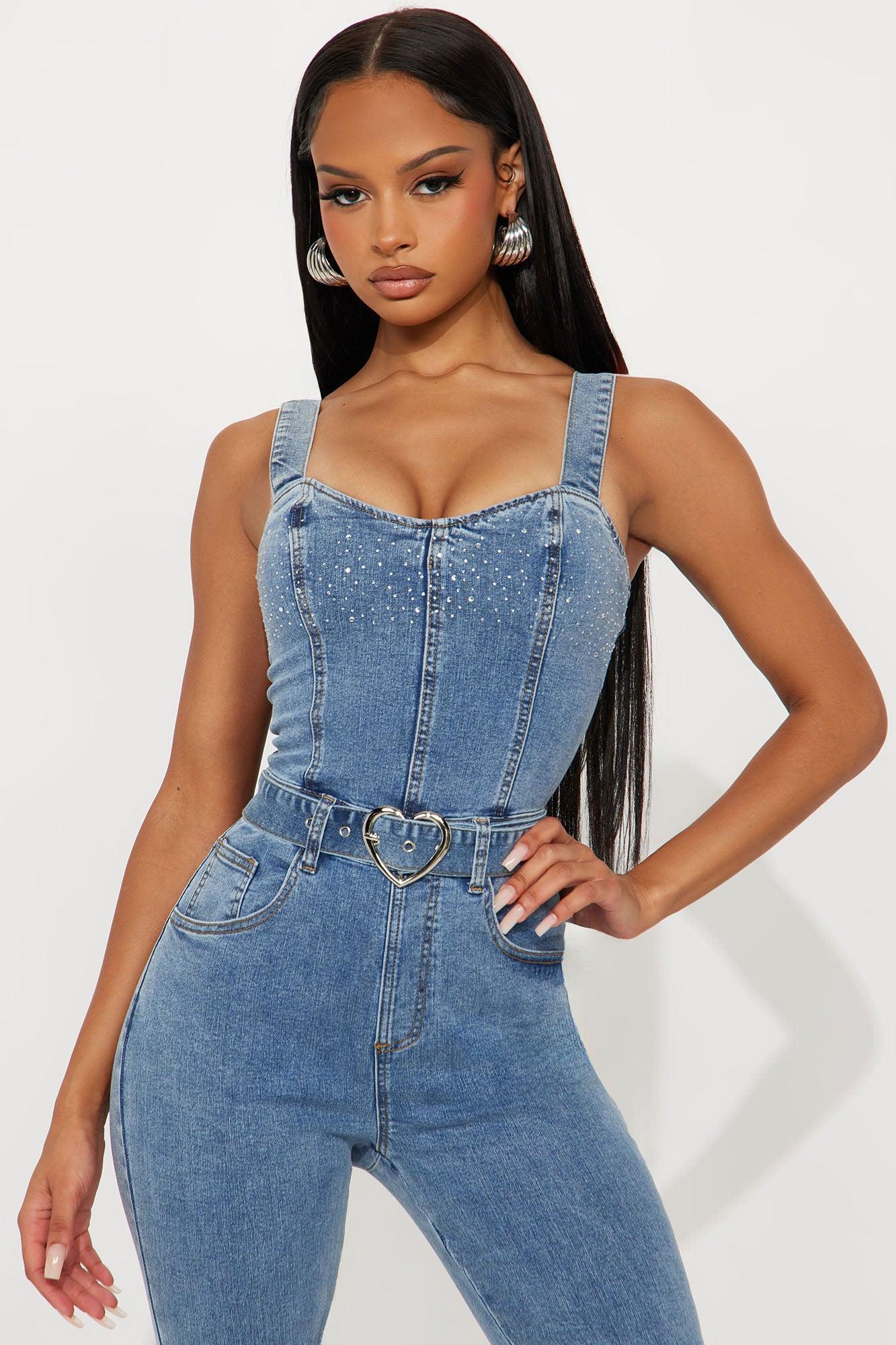 Star Dazzle Embellished Denim Jumpsuit - Denim Product Image