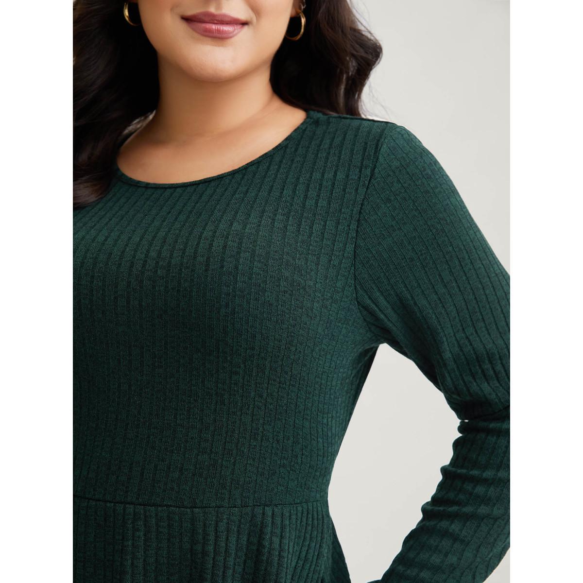 Plus Size Solid Pocket Rib Knit Ruffle Hem Dress Without Belt DarkGreen Women Basics Non Round Neck Long Sleeve Curvy Midi Dress BloomChic 30/6X Product Image