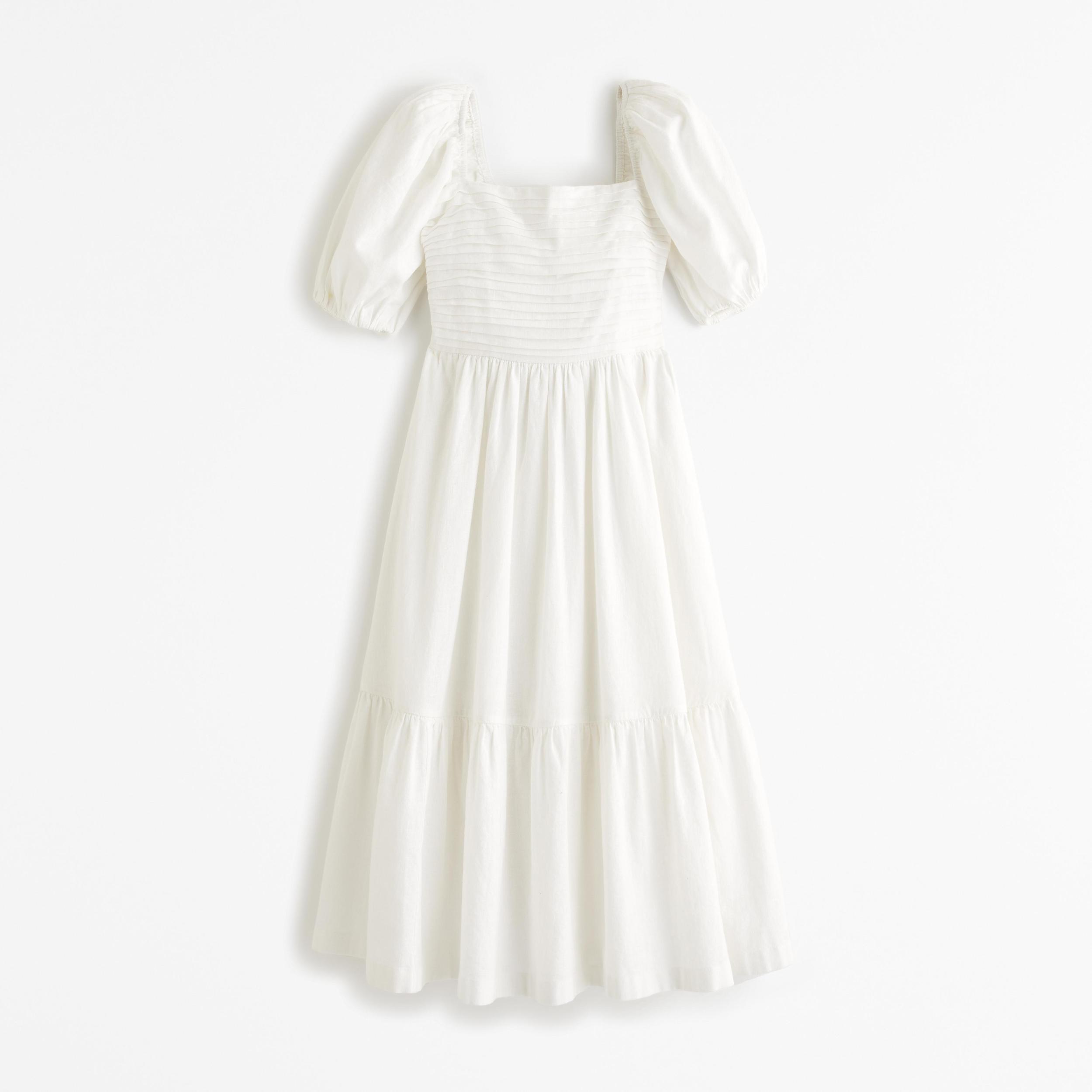 The A&F Emerson Linen-Blend Puff Sleeve Midi Dress Product Image