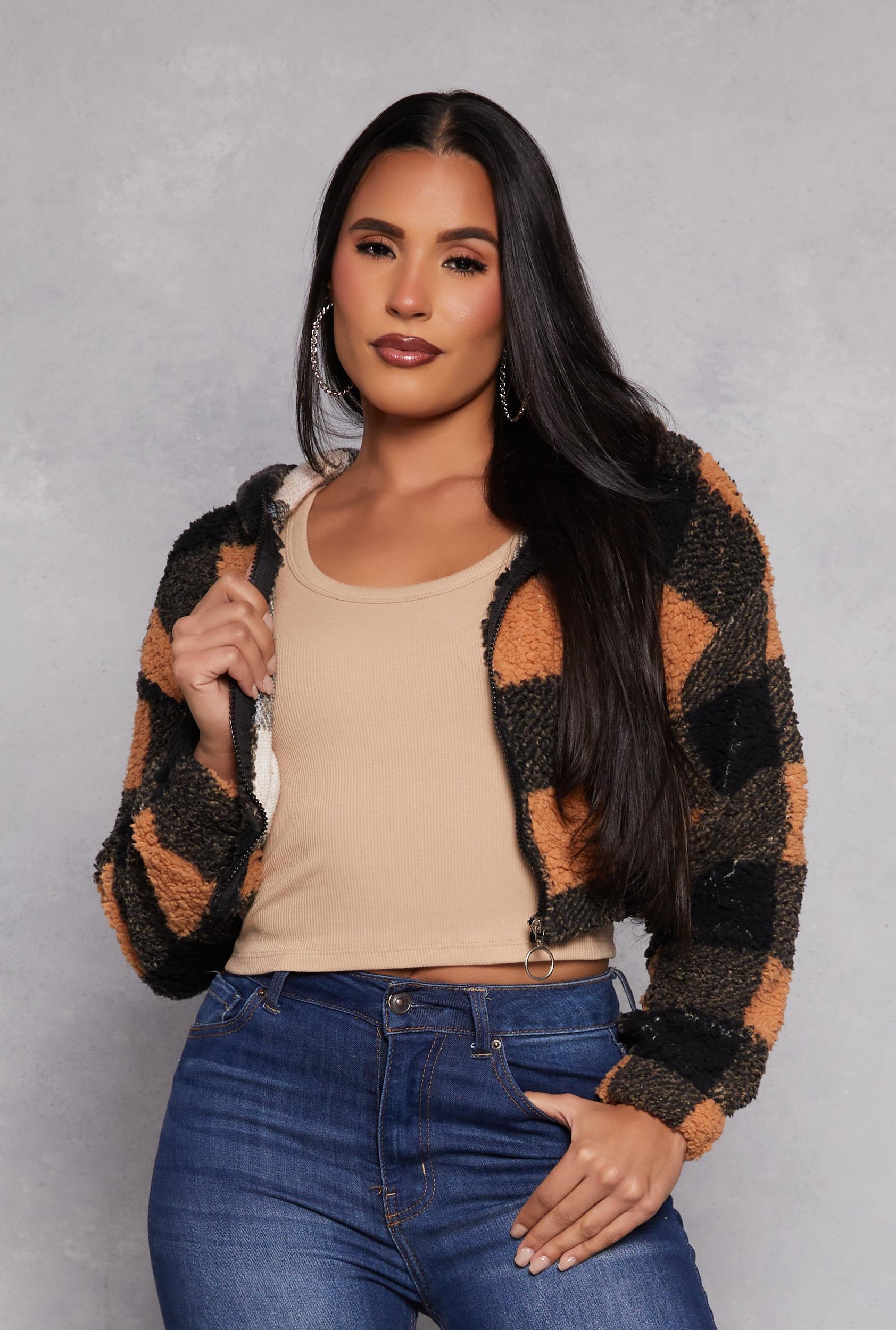 Womens Buffalo Plaid Zip Front Hooded Cropped Jacket Product Image