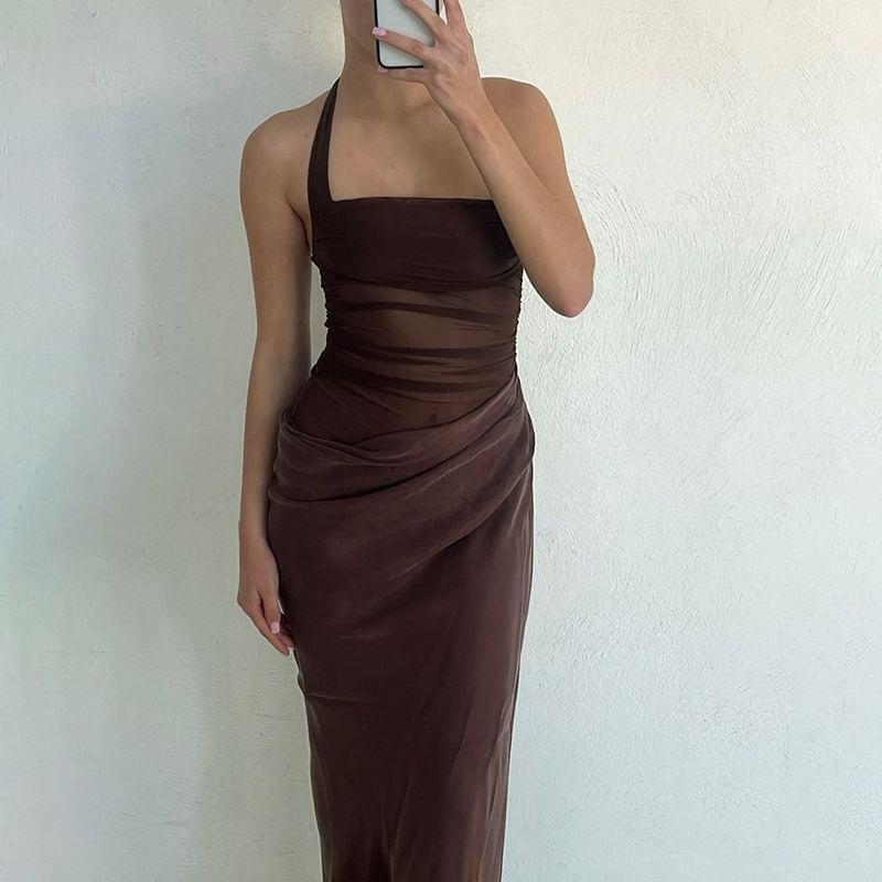Halter-Neck Plain Shirred Cutout Midi Mermaid Dress Product Image