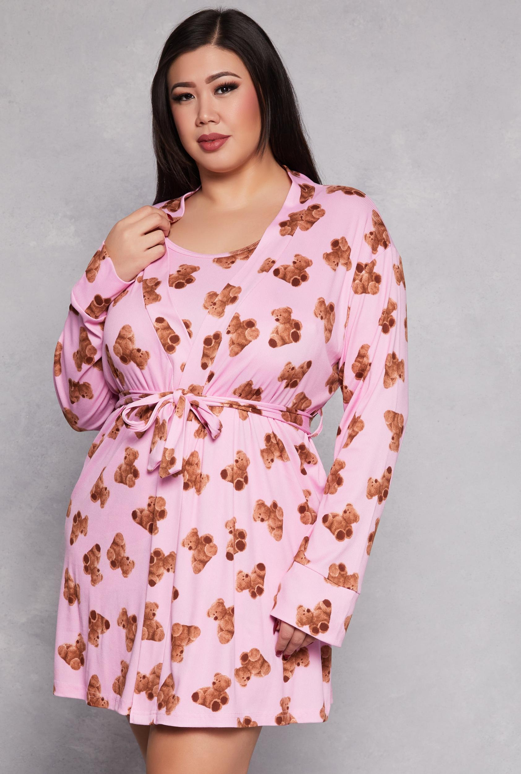 Womens Plus Size Bear Print Cami Nightgown with Robe Product Image