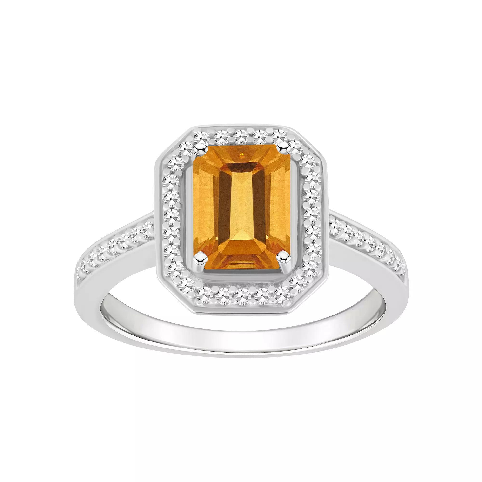 Celebration Gems Sterling Silver 8 mm x 6 mm Emerald Cut Gemstone & 1/5 Carat T.W. Diamond Halo Ring, Women's, Citrine Product Image