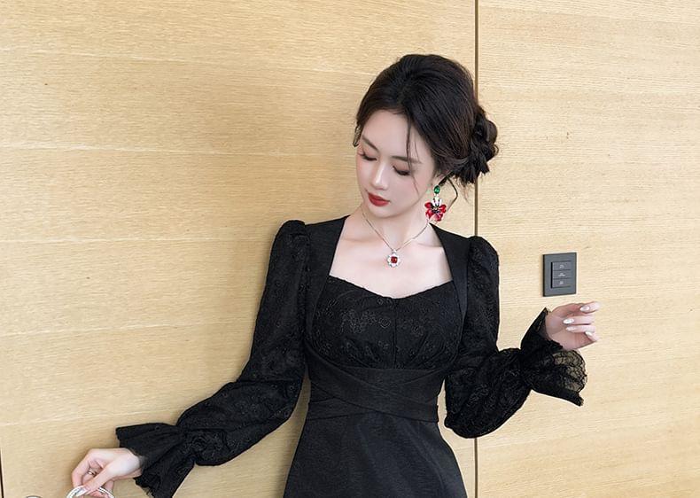 Long-Sleeve Plain Lace Panel Mini Sheath Dress Product Image