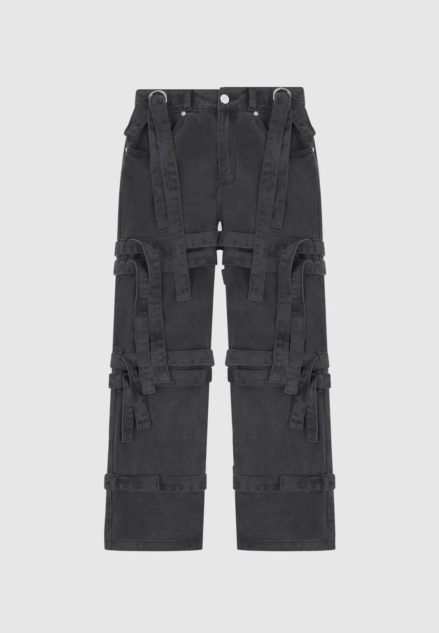 Denim Strap Cargo Jeans - Washed Black Female Product Image