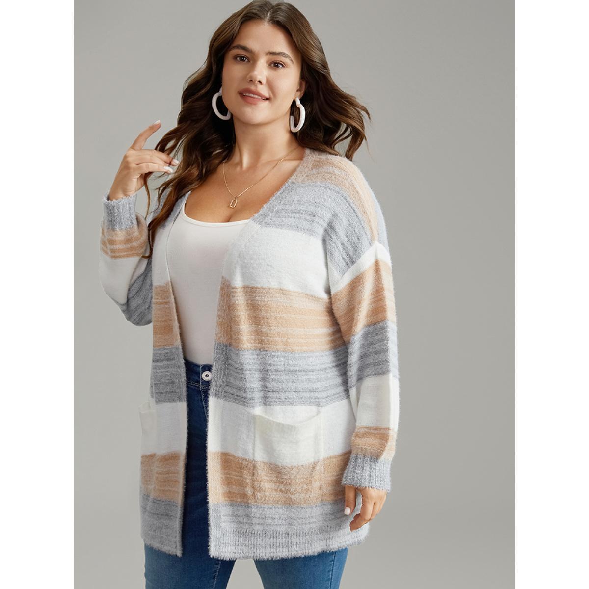 Plus Size Fuzzy Colorblock Heather Drop Shoulder Cardigan Multicolor Women Casual Loose Long Sleeve Dailywear Cardigans BloomChic 26/4X Product Image