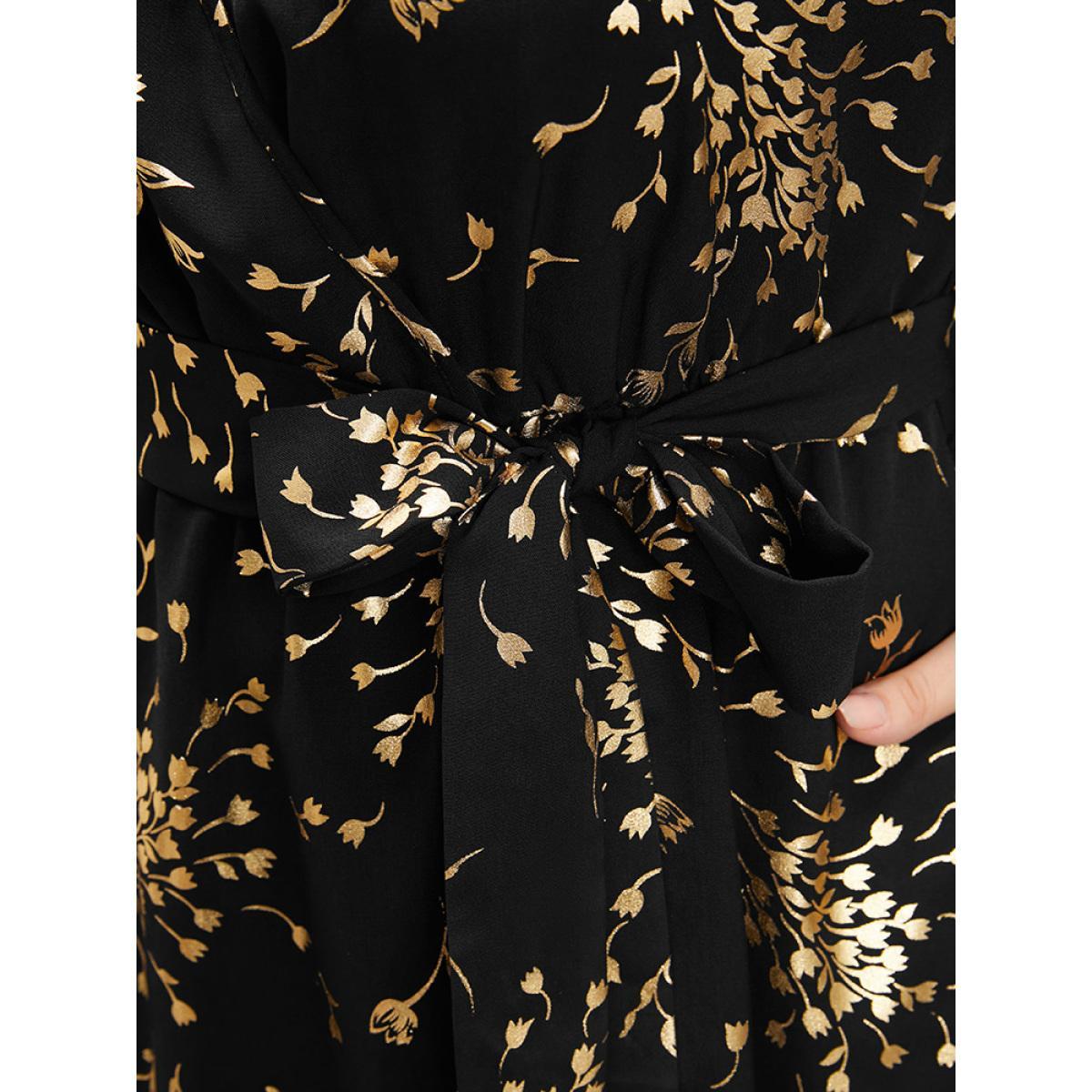 Plus Size Floral Pocket Lantern Sleeve Belted Surplice Neck Dress Black Women Party Belted V-neck Long Sleeve Curvy Midi Dress BloomChic 10/M Product Image