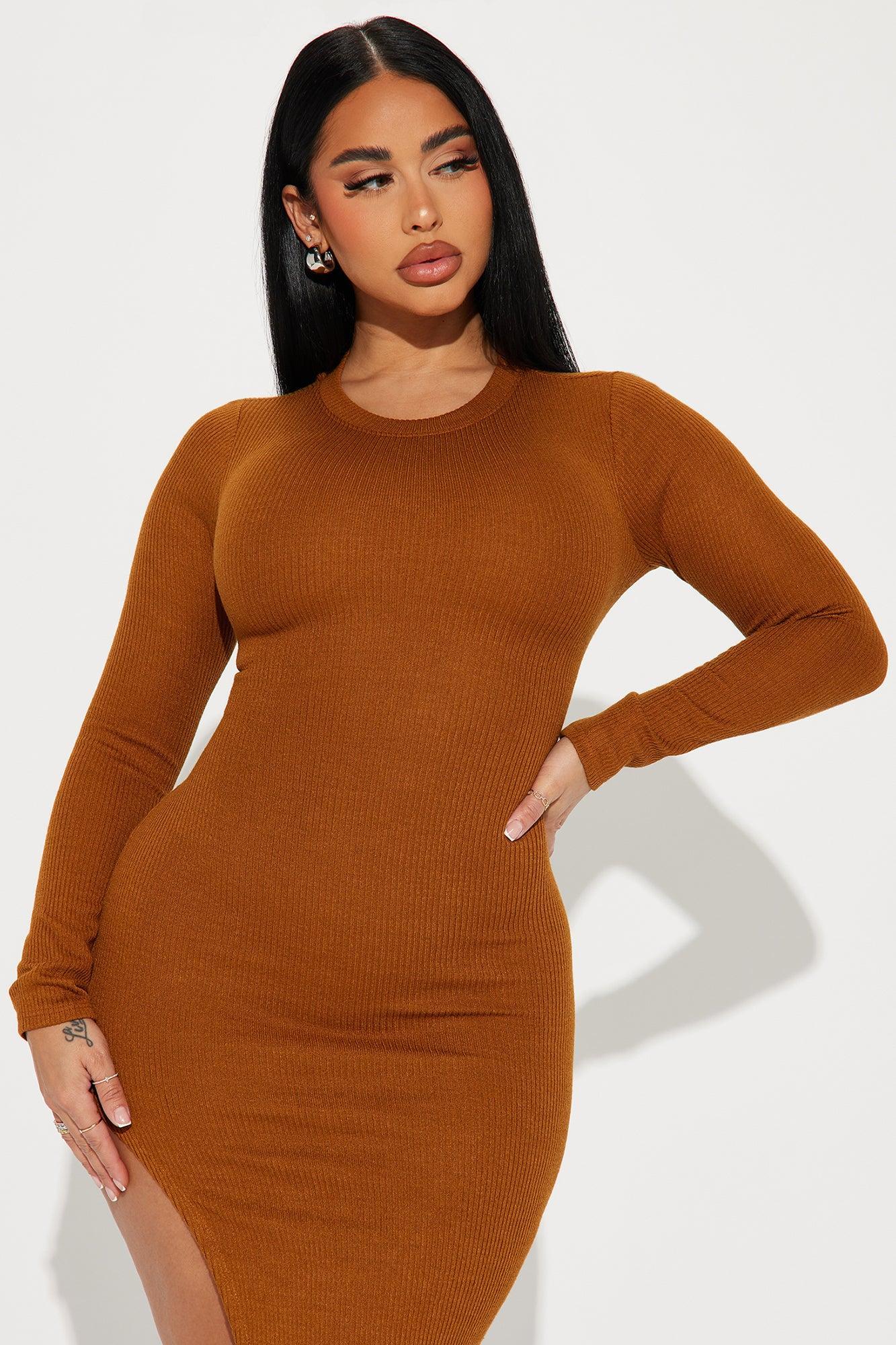 Arabella Long Sleeve Midi Dress - Cognac Product Image