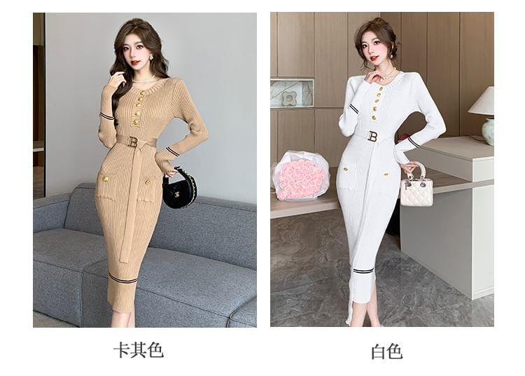 Long-Sleeve Crew Neck Ribbed Midi Sheath Knit Dress Product Image