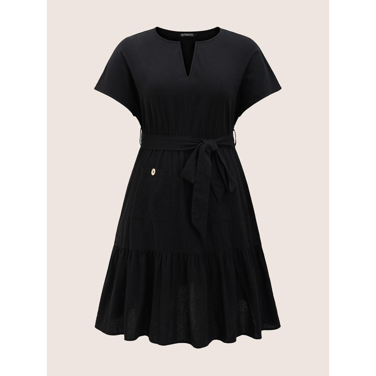 Plus Size Solid Patched Pocket Belted Batwing Sleeve Dress Black Women Work From Home Belted Notched collar Short sleeve Curvy BloomChic 22-24/3X Product Image