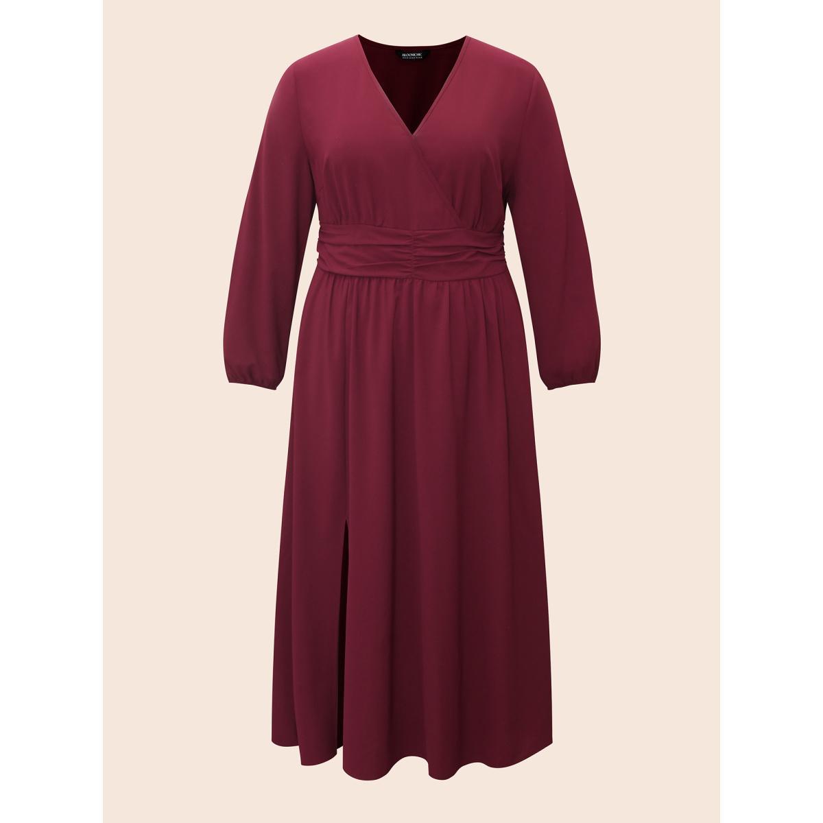Plus Size Overlap Collar Ruched Lantern Sleeve Maxi Dress Burgundy Women Elegant Gathered Overlap Collar Long Sleeve Curvy BloomChic 30/6X Product Image